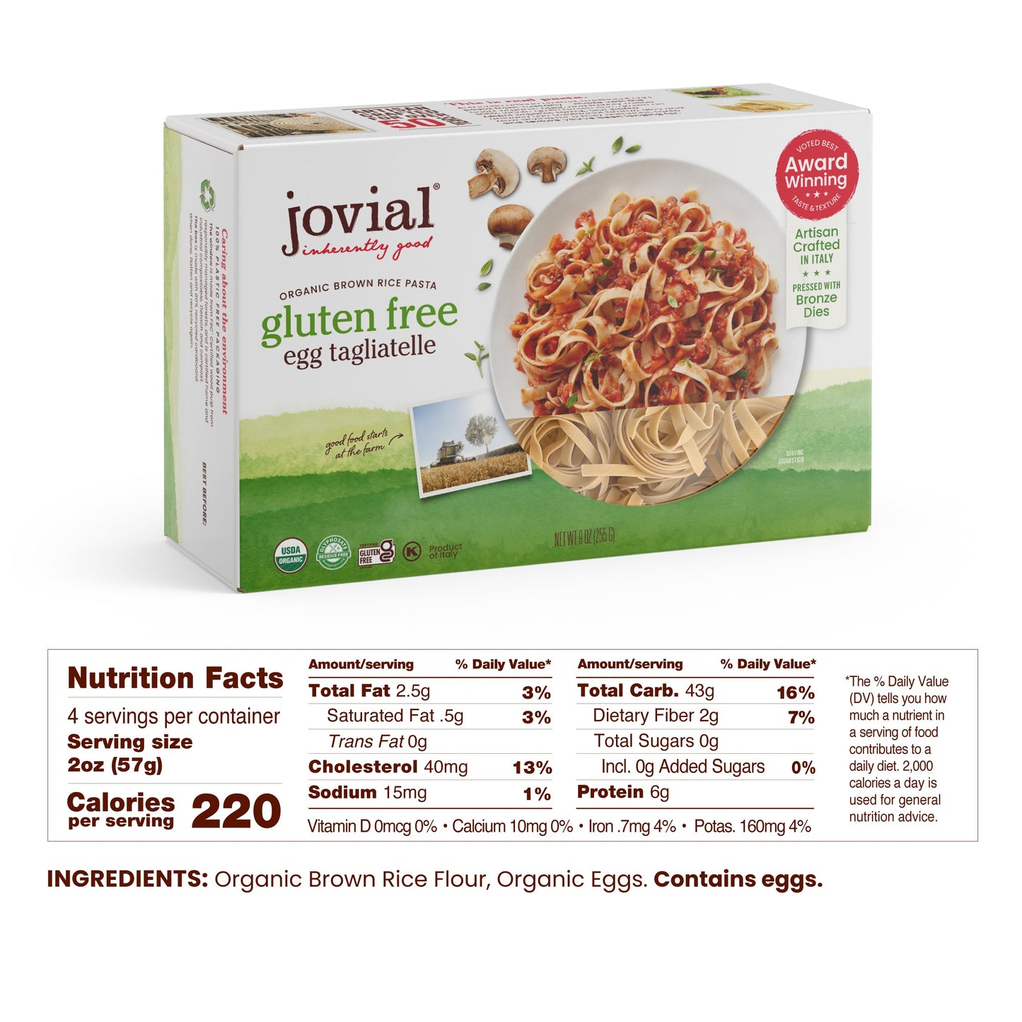 Jovial Whole Grain Brown Rice Egg Tagliatelle Pasta, Gluten Free, 9 Oz (Pack of 6)