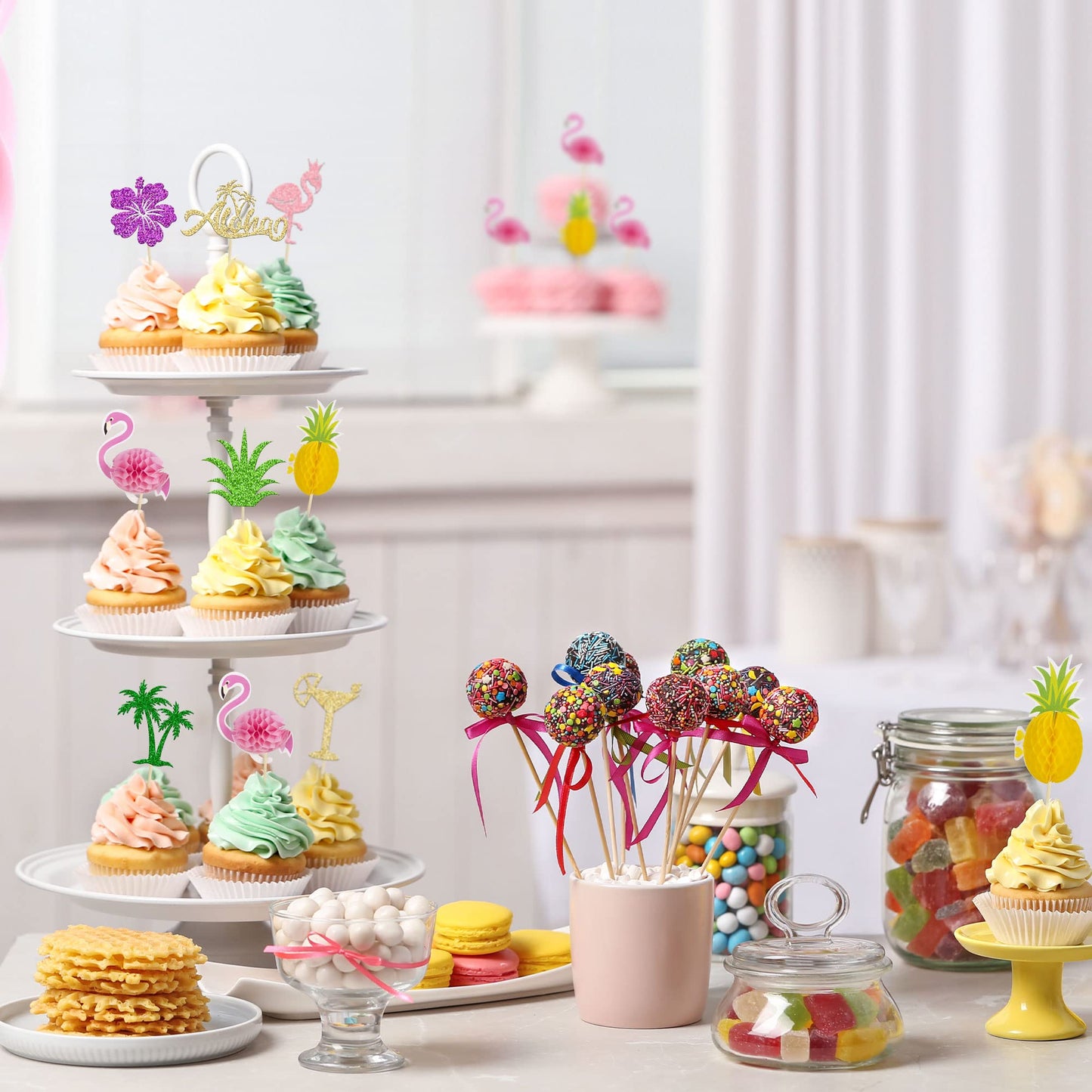 Gyufise 32Pcs Tropical Cupcake Toppers Aloha Cupcake Picks Flamingo Cake Toppers Hawaiian Luau Cake Decorations For Aloha Baby S