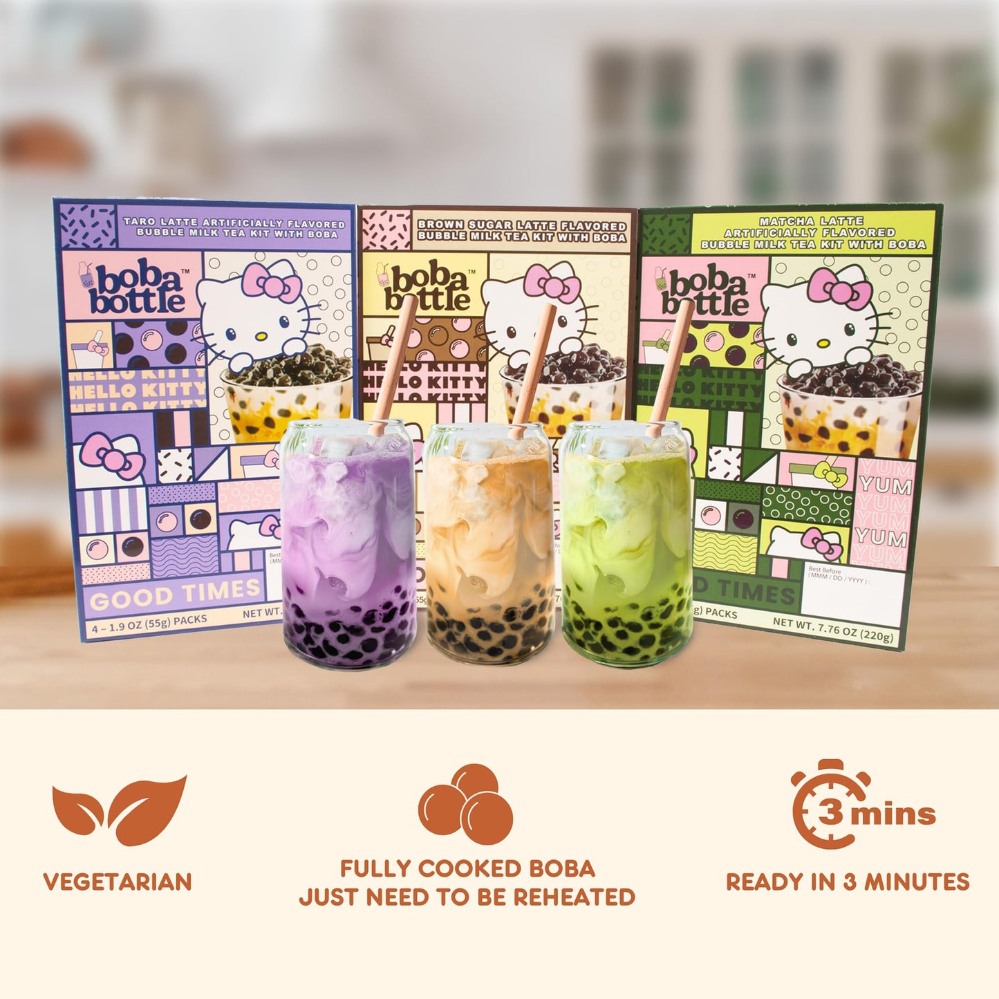 Hello Kitty Instant Boba Milk Tea Variety Kit, Brown Sugar, Taro, Match Flavor, With Taiwan Tapioca Pearls, Paper Straws Include