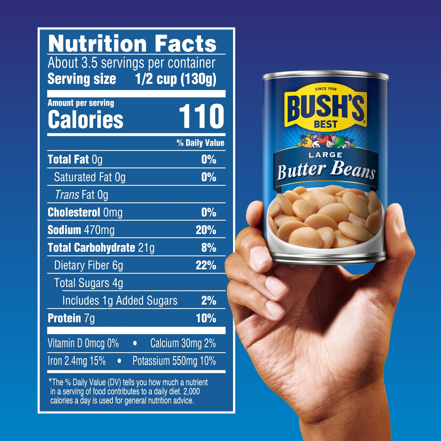 BUSH S BEST 16 oz Canned Large Butter Beans, Source of Plant Based Protein and Fiber, Low Fat, Gluten Free, (Pack of 12)