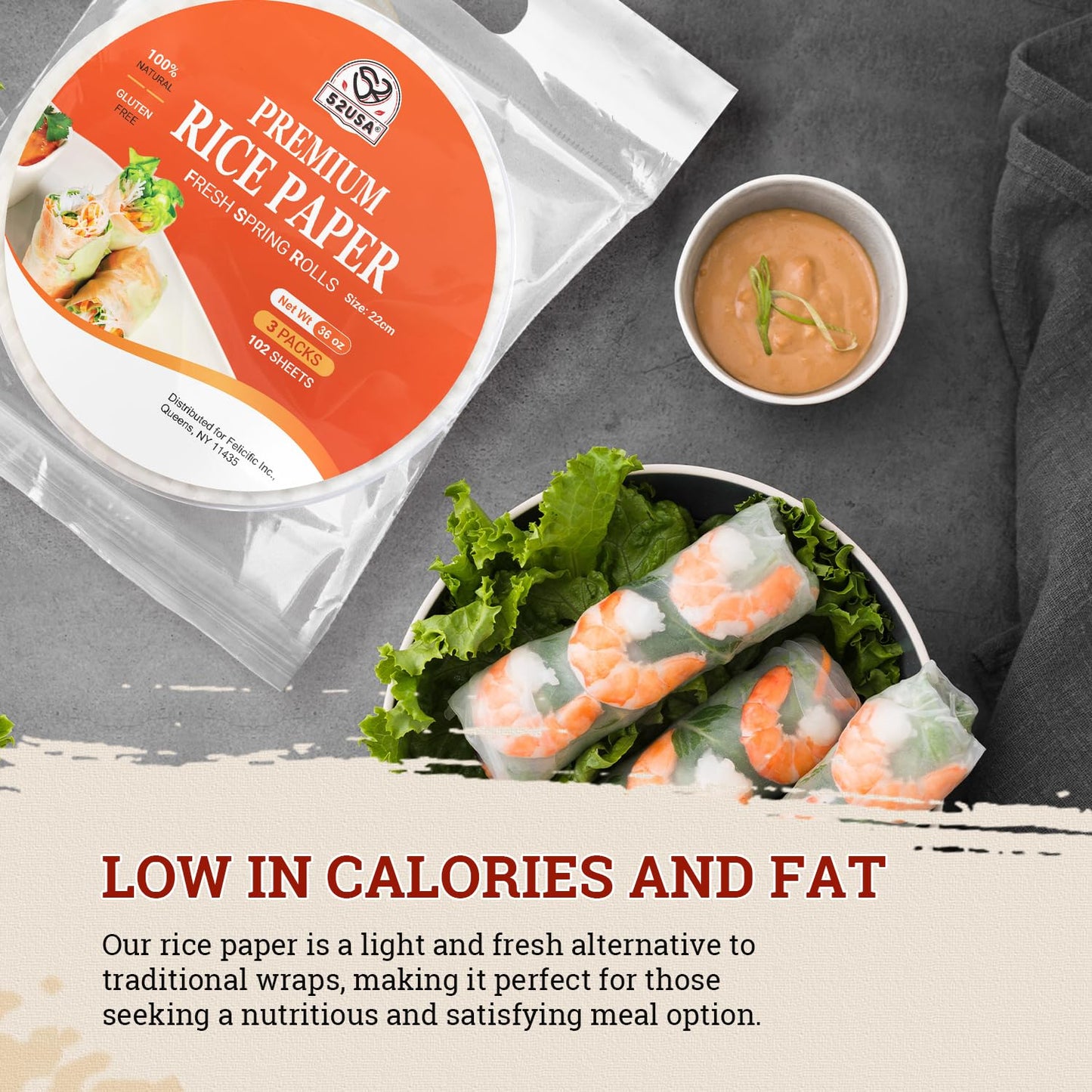 52Usa Rice Paper, 3 Pack, Rice Paper Wrappers, Fresh Spring Roll Wrappers & Dumplings-102 Sheets, Gluten-Free Wonton Wrappers, V