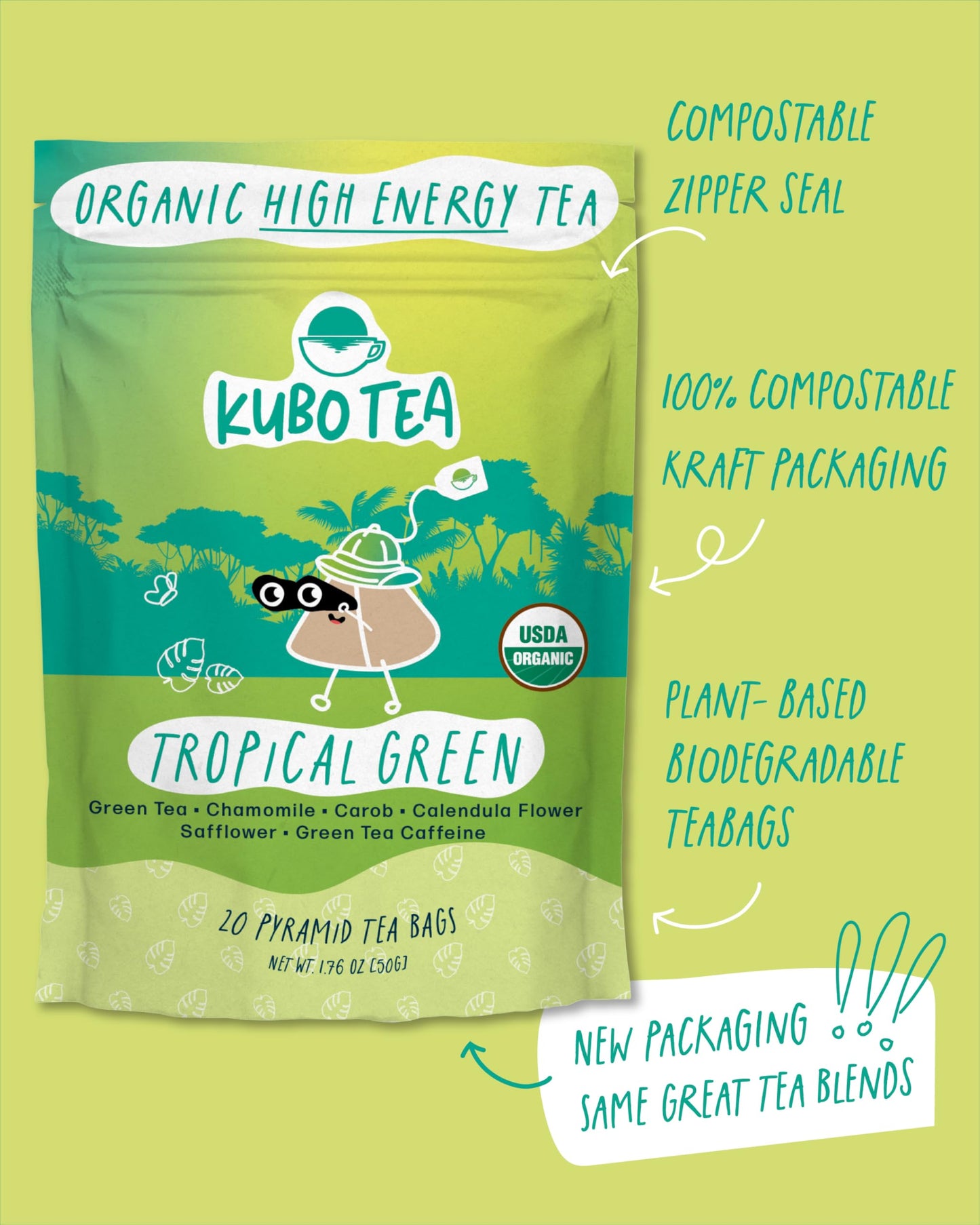 High Caffeine Tea (155 Mg) - Kubo Tea: Organic Tropical Green Tea Bags For Clean Energy & Focus | Healthy Coffee Substitute | Refreshing Caffeine Blend | 20 Ct | Compostable Packaging