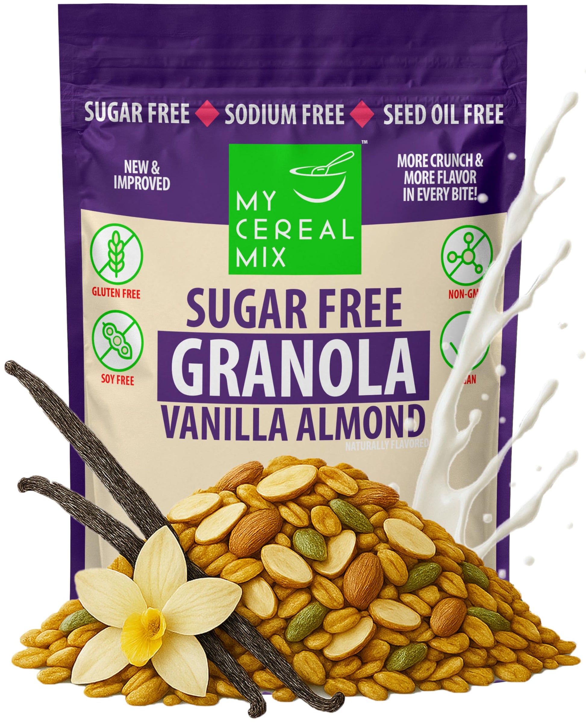 MyCerealMix Sugar Free Granola - Vanilla Almond, Non-GMO, Plant-Based, Gluten Free, 10oz