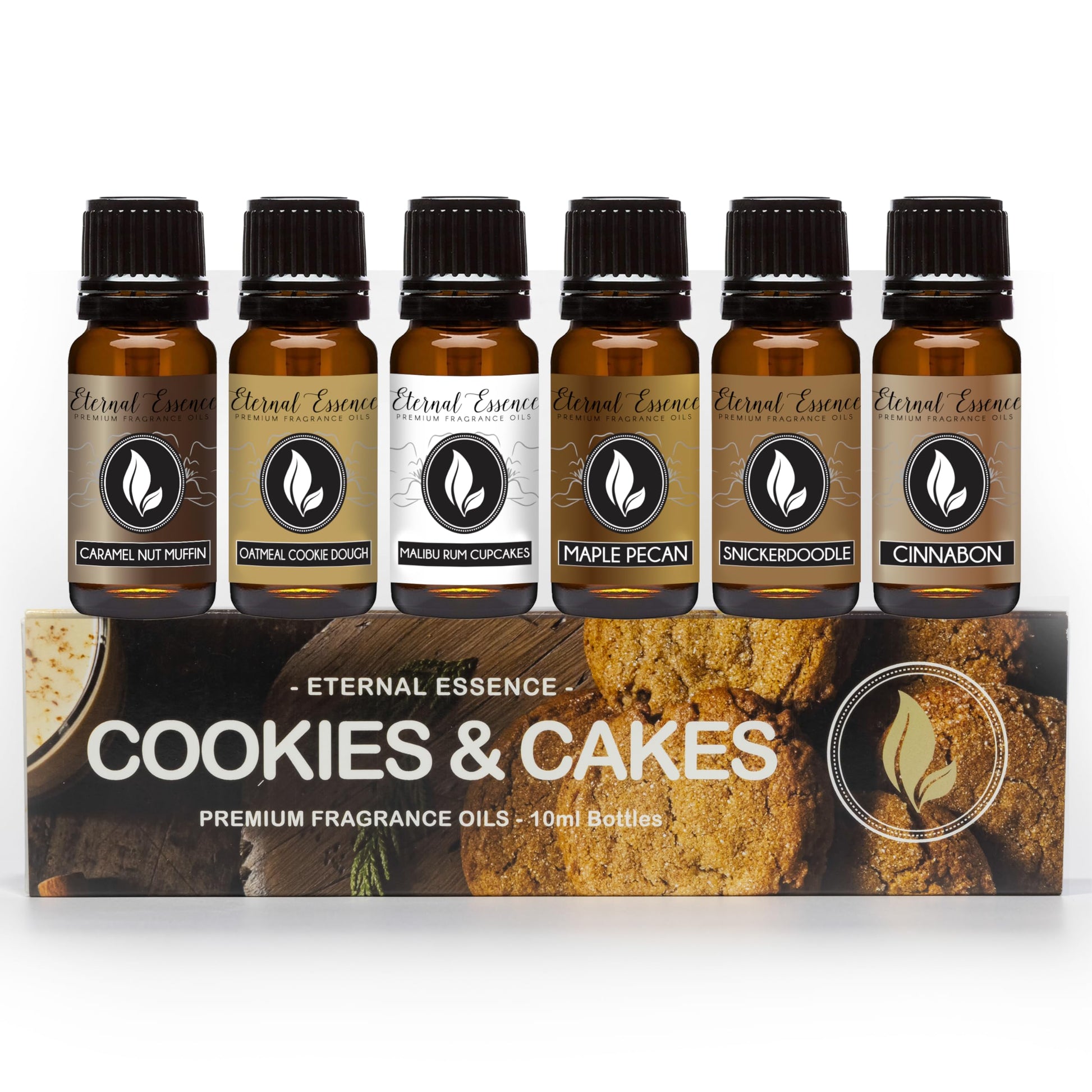 Eternal Essence Oils Cookies & Cakes Set Of 6 Top-Grade Fragrance Oils - Includes Caramel Nut Muffin  Oatmeal Cookie Dough  Tropical Style Flavor Blend Cupcakes  Maple Pecan  Snickerdoodle  And Cinnabon - 10Ml