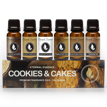 Eternal Essence Oils Cookies & Cakes Set Of 6 Top-Grade Fragrance Oils - Includes Caramel Nut Muffin  Oatmeal Cookie Dough  Tropical Style Flavor Blend Cupcakes  Maple Pecan  Snickerdoodle  And Cinnabon - 10Ml