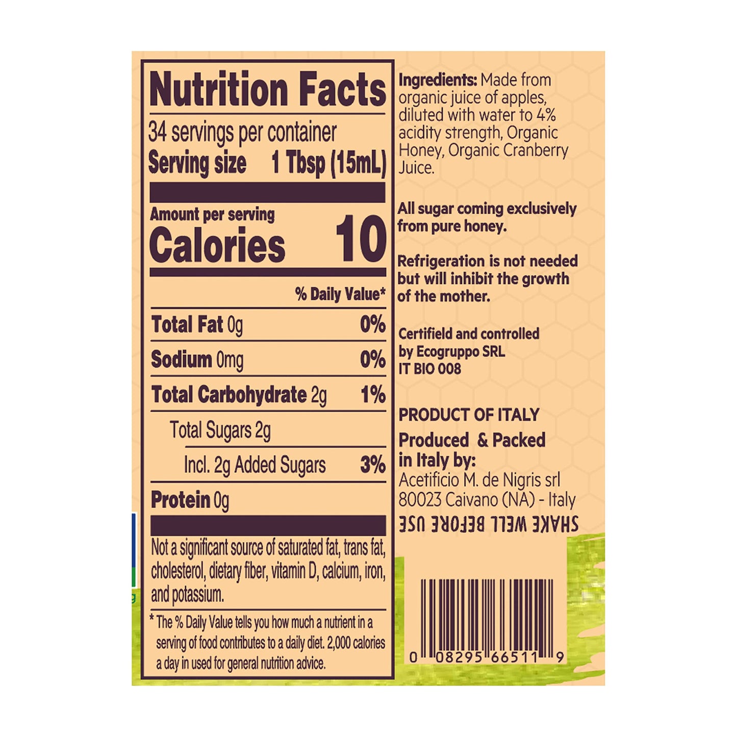De Nigris Organic Apple Cider Vinegar with Honey & Cranberry, Raw & Unfiltered, 16.9 Fl Oz (Pack of 2)