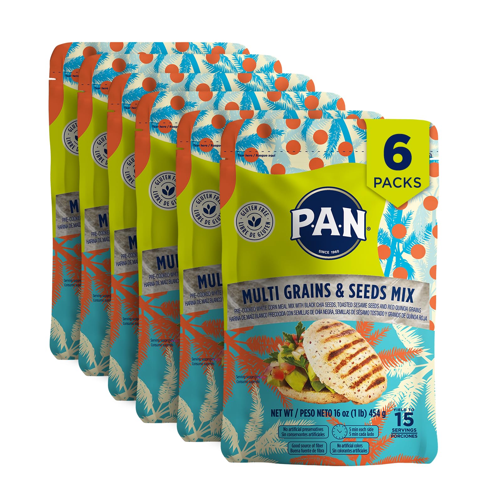 P.A.N. Multi Grains & Seeds Mix, Pre-cooked Gluten Free Flour with Chia, Sesame & Quinoa, 16 oz (Pack of 6)