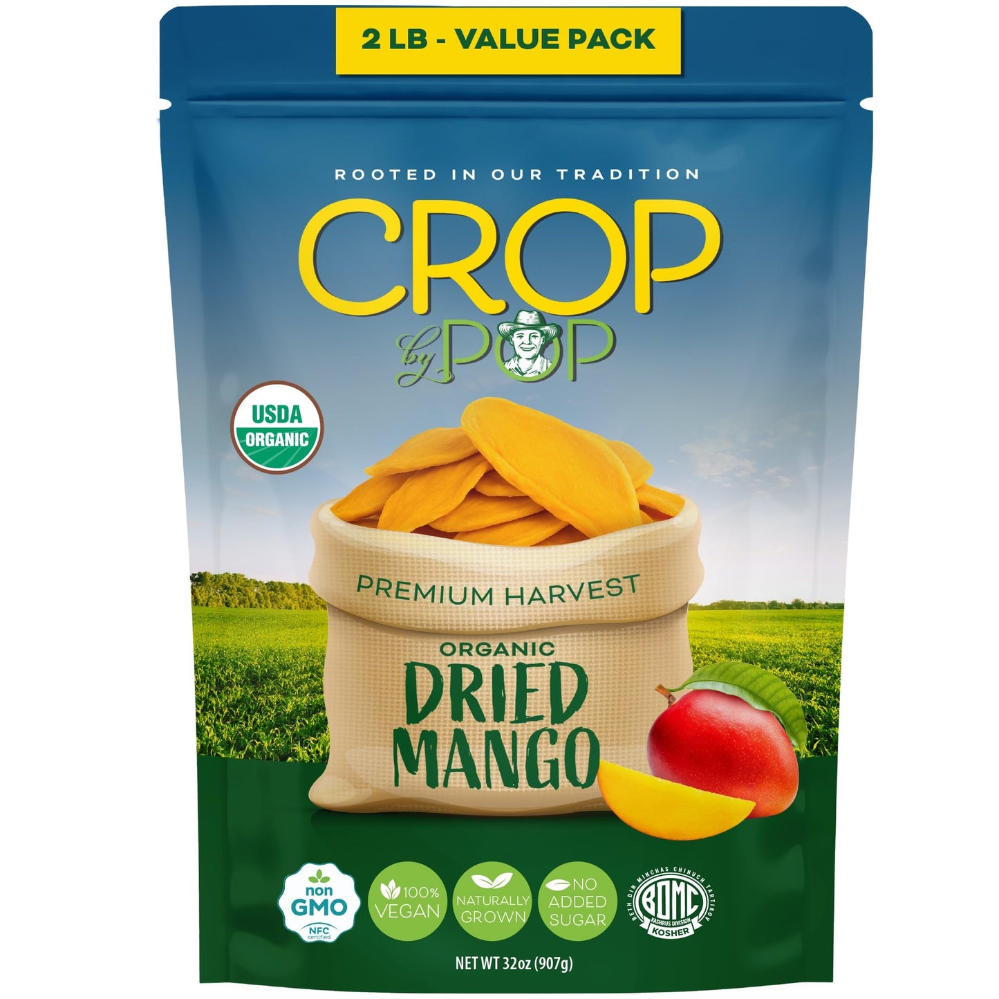 CROP BY POP - Organic Sun Dried Mango Slices, No Sugar Added, Unsulphured (32oz, 2 LB) Sweet Healthy Snack, USDA Organic, Non GM