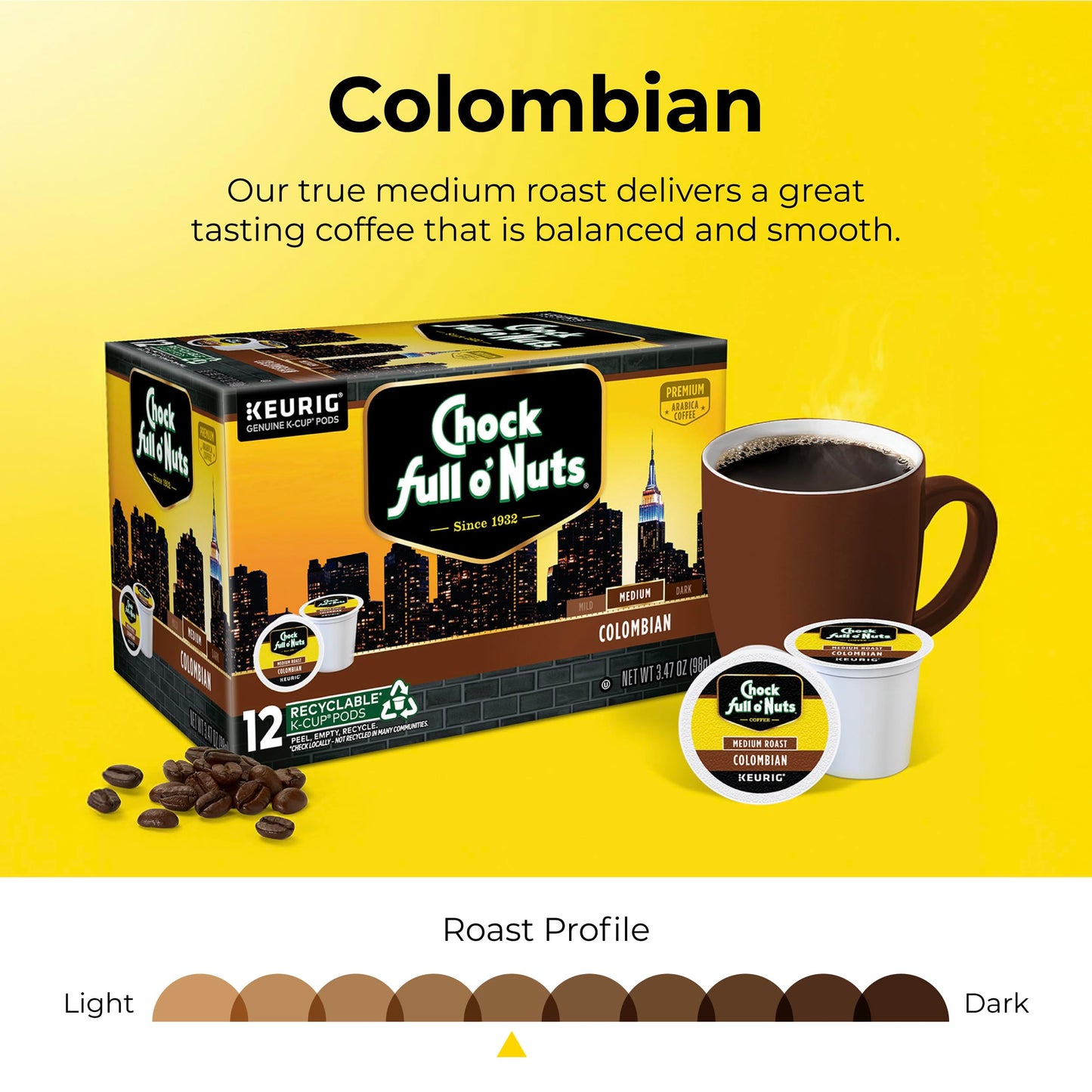 Chock Full Onuts Colombian Coffee, Compatible With Keurig K-Cup Pods (1 Pack Of 12 Single-Serve Cups)