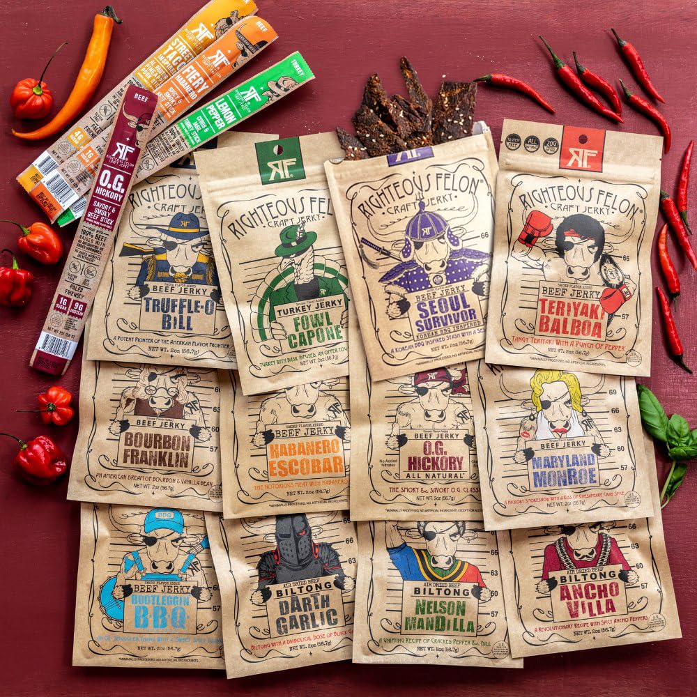 RIGHTEOUS FELON Beef Jerky Variety Pack | High Protein, Keto, Low Sugar | 16 Pack, 2 Ounce Each, Gluten Free