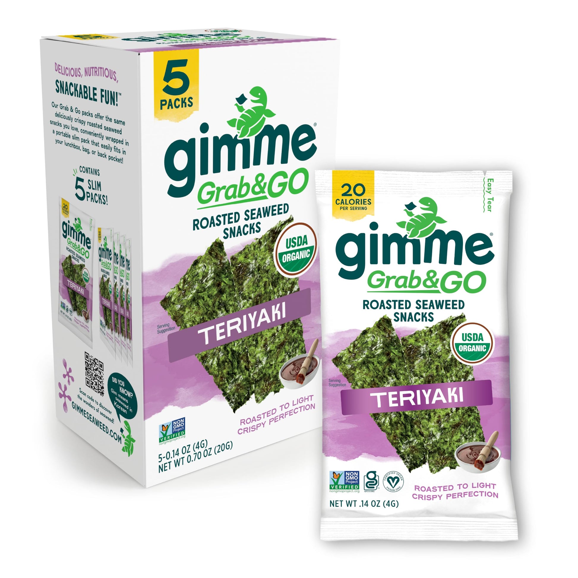 gimMe Organic Roasted Seaweed Snacks, Teriyaki, Keto, Vegan, Gluten-Free, 5 Count