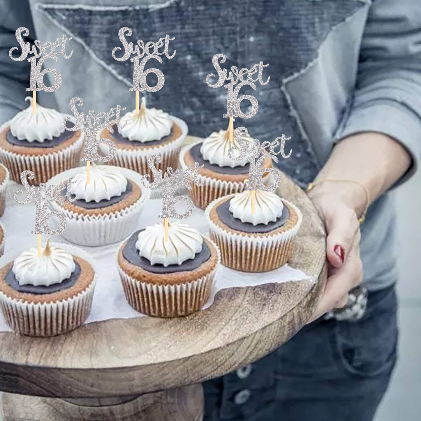 Ercadio Silver Sweet 16 Cupcake Toppers Glitter Age Sixteen Cupcake Picks 16Th Birthday Party Cake Decorations Supplies 24 Pcs