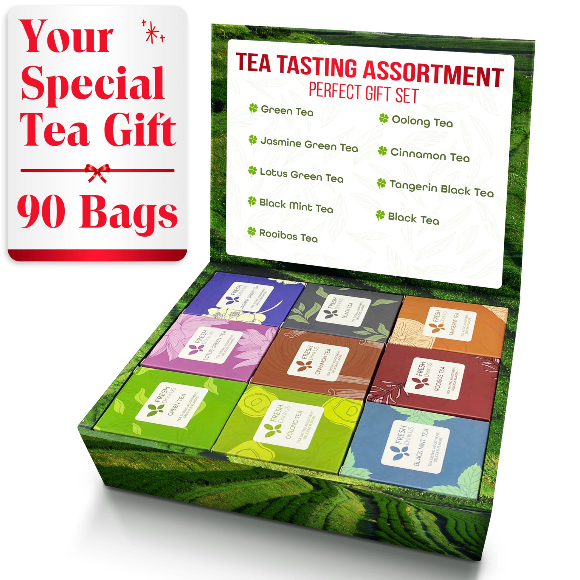 FreshDrinkUS, Premium 90 Tea Bags Sampler Assortment, 9 Different Flavors, 100% Natural Ingredients, Perfect and Well Combinatio