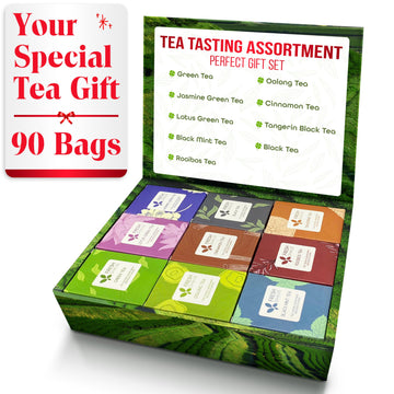 FreshDrinkUS, Premium 90 Tea Bags Sampler Assortment, 9 Different Flavors, 100% Natural Ingredients, Perfect and Well Combinatio
