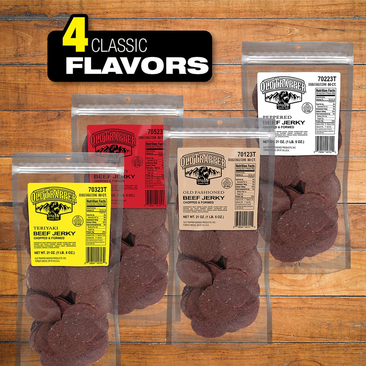 Old Trapper Beef Jerky, Teriyaki Flavor, 21oz, 80-Count Pack, Natural Wood Smoked, 10g Protein per Serving
