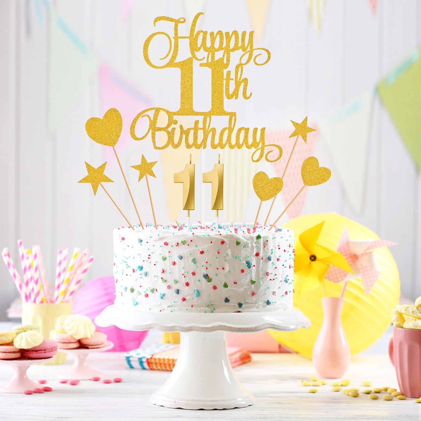 Lecferrarc 11th Birthday Cake Decorations Set, Gold Glitter Candles & Toppers for Birthday Party Supplies