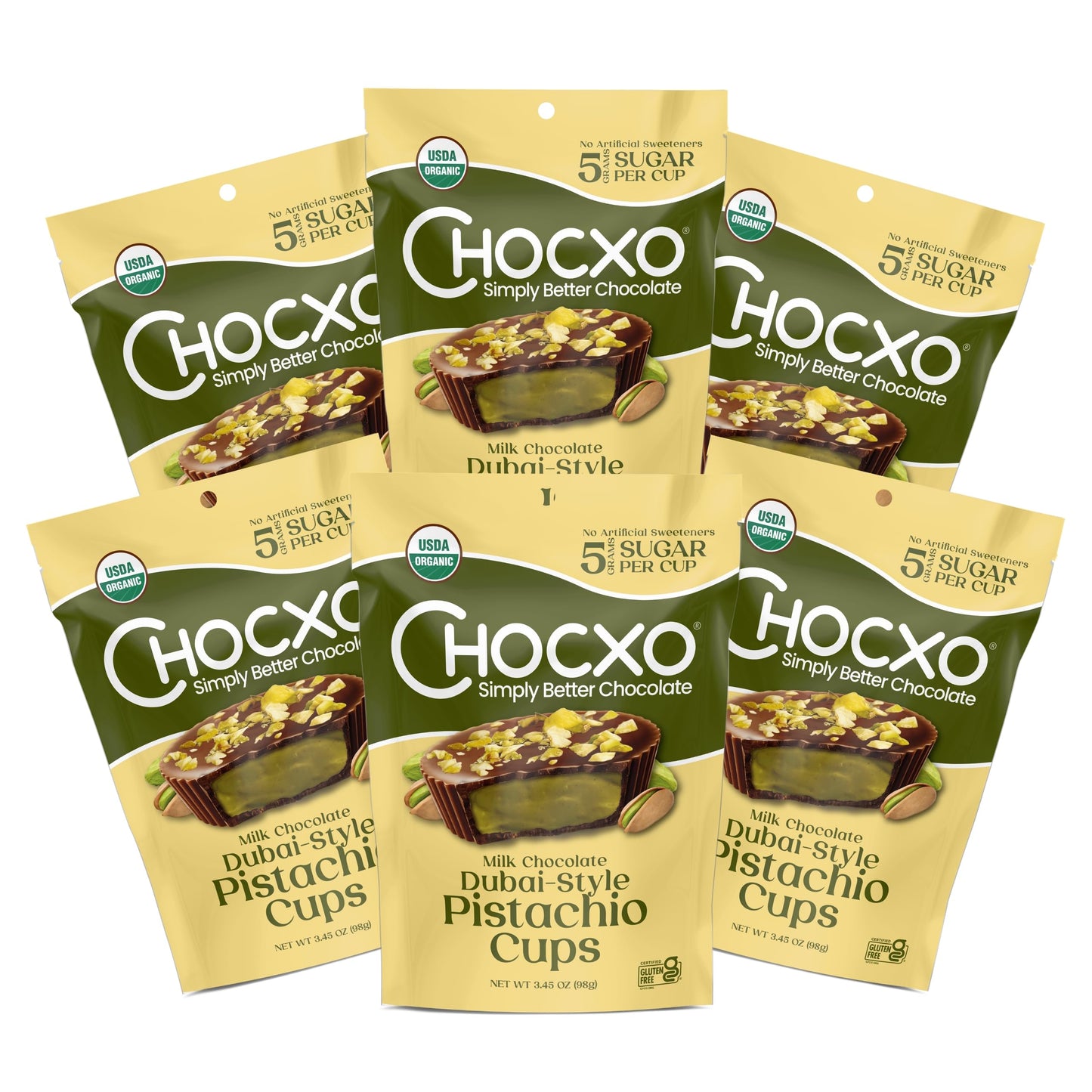 Chocxo Milk Dubai Chocolate Pistachio Cups - Lower Sugar  Organic  Nongmo  Keto  Gluten Free  Kosher. 43% Cacao  No Artificial Sweeteners/Sugar Beverage-Styles  3.45 Oz (Pack Of 6)
