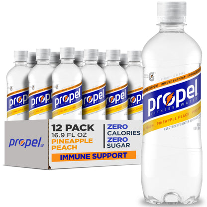 Propel Immune Support Electrolyte Enhanced Water Sports Drink, Pineapple Peach Flavored Water, 100% DV Vitamin C + Zinc, Zero Ca