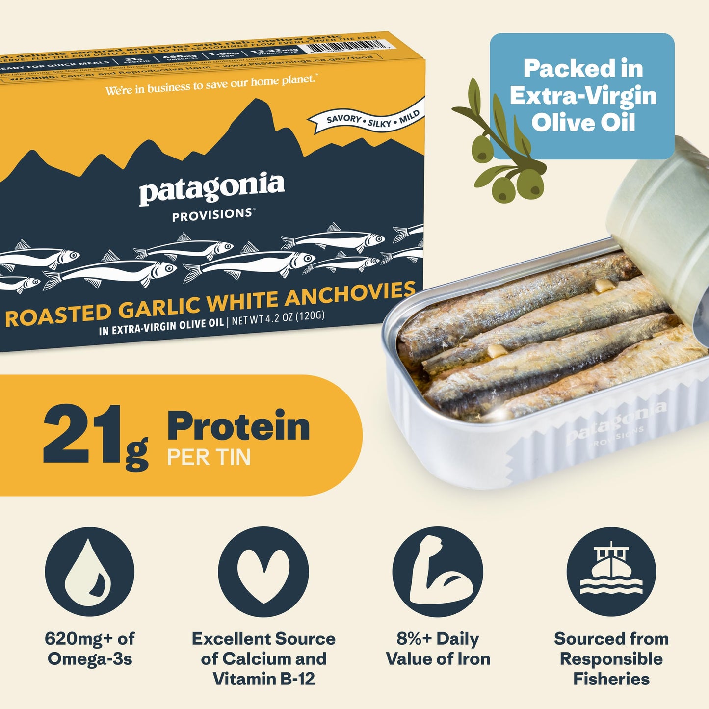 Patagonia Provisions Roasted Garlic White Anchovies, 21g Protein, Gluten Free, 4.2 Oz, Pack of 1, Model PGP02190