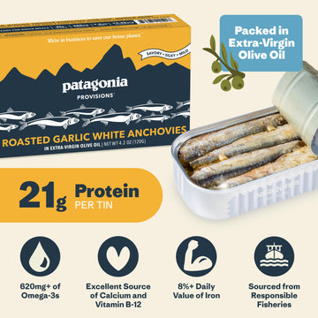 Patagonia Provisions Roasted Garlic White Anchovies, 21g Protein, Gluten Free, 4.2 Oz, Pack of 1, Model PGP02190