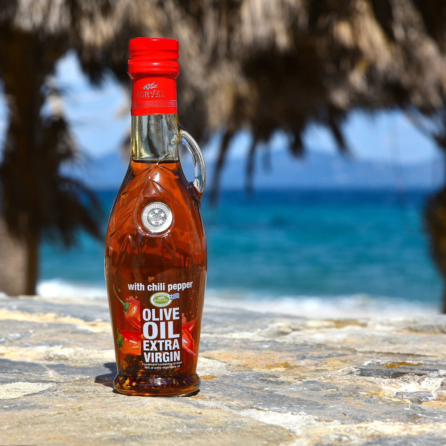 KORVEL Extra Virgin Olive Oil with Chili Pepper, 250 ml, Glass Bottle