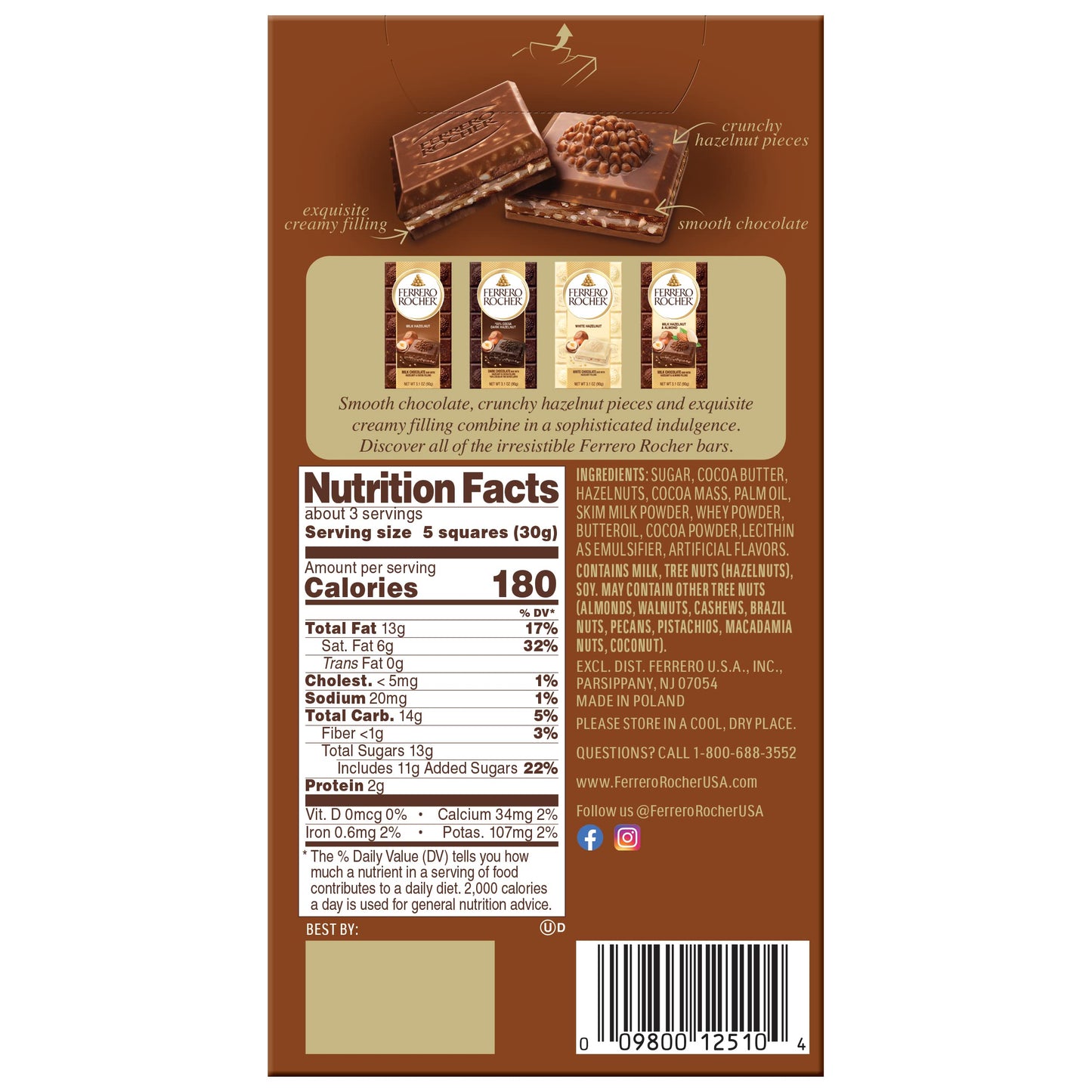 Ferrero Rocher Premium Chocolate Bars, 8 Pack, Milk Chocolate Hazelnut, Luxury Chocolate, Individually Wrapped, 3.1 Oz Each