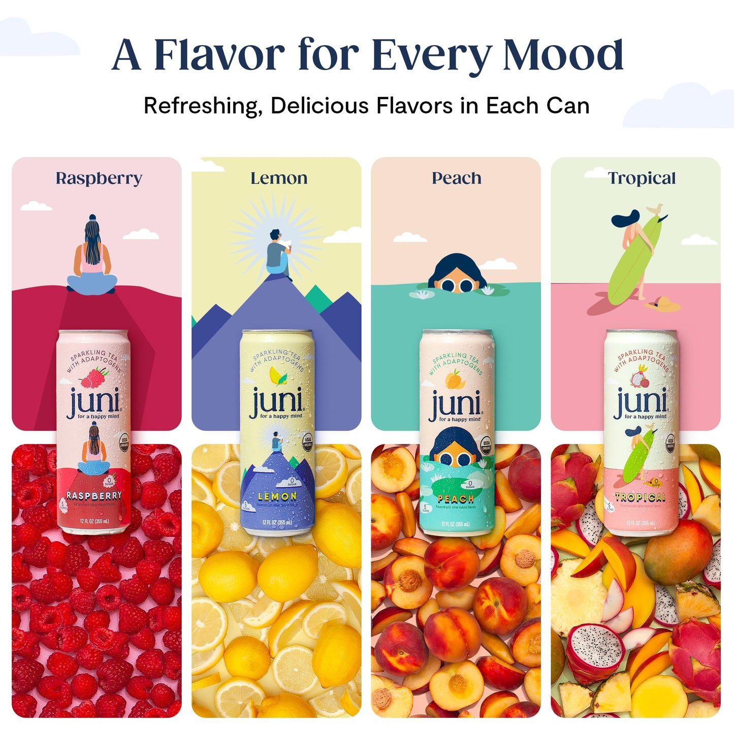 Juni Sparkling Tea with Adaptogens  Lemon Tea  Zero Sugar  5 Calories  Organic  Iced Tea  Natural Caffeine from Green Tea  Vegan  Adaptogen Drink  12 Fl Oz Cans (12-Pack)