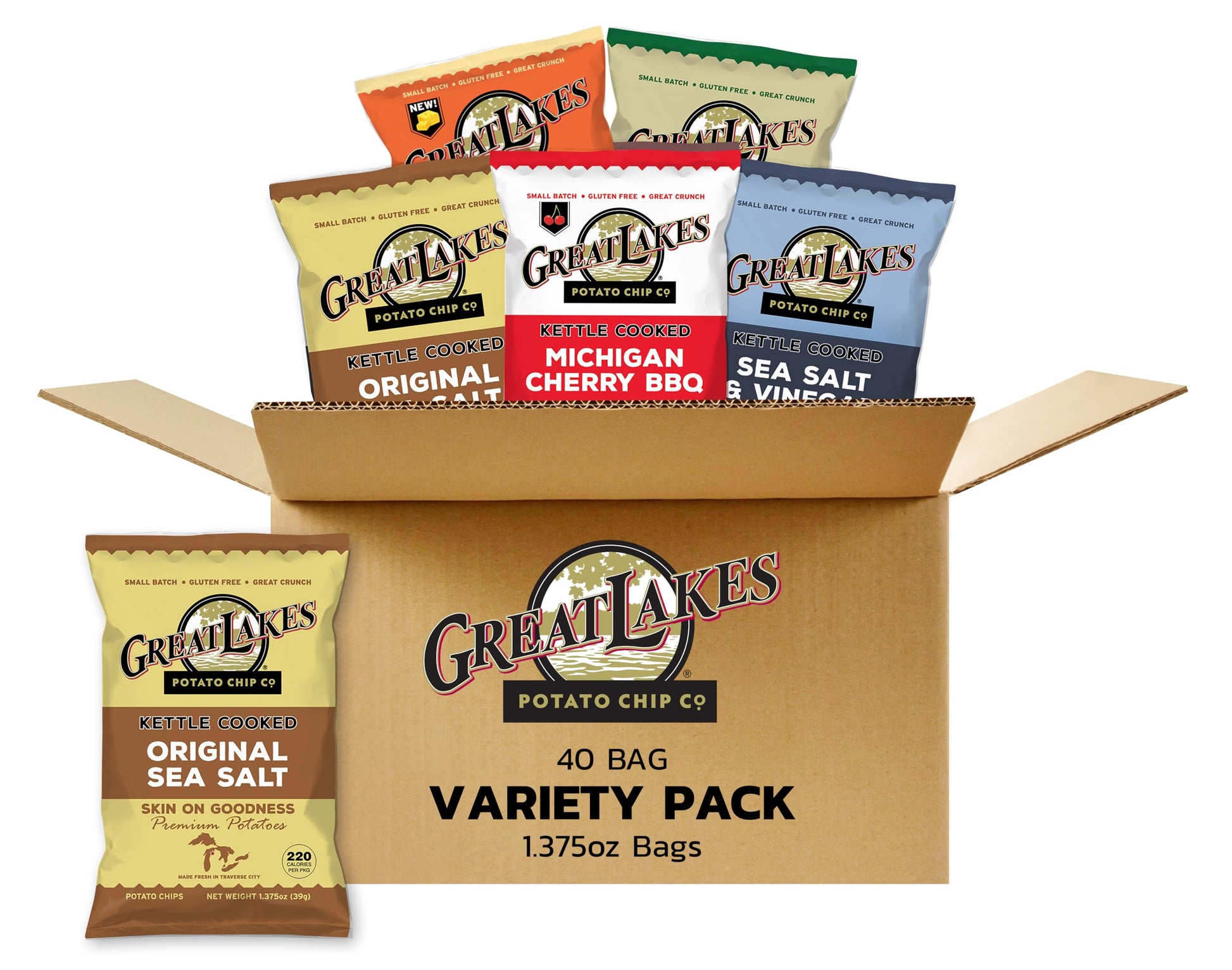 Great Lakes Potato Chip Co. Variety Pack of Kettle Cooked Potato Chips, Individual Snack Size Case (Pack of 40, 1.375 Oz. Bags)