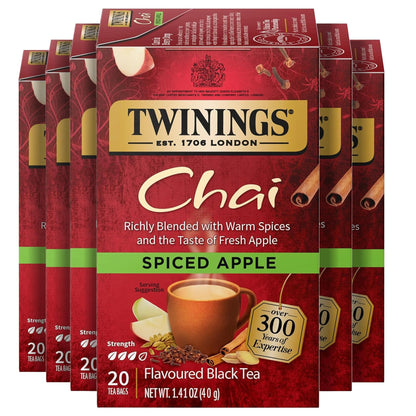 Twinings Spiced Apple Chai Black Tea Individually Wrapped Bags, 20 Count (Pack of 6), Sweet, Savoury Spices, Caffeinated, Enjoy 