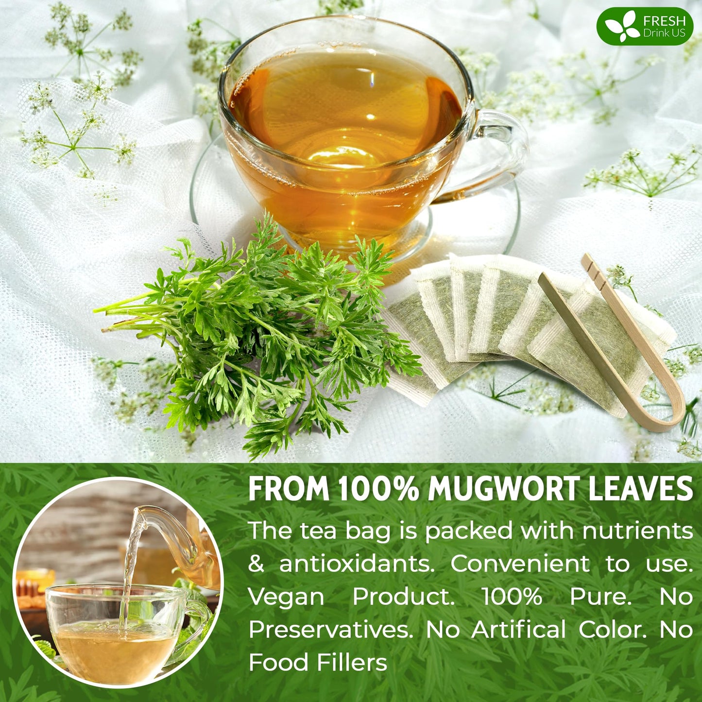 FRESHDRINKUS Premium Mugwort Leaf Tea Bags, 100% Natural, Vegan, 120 Count