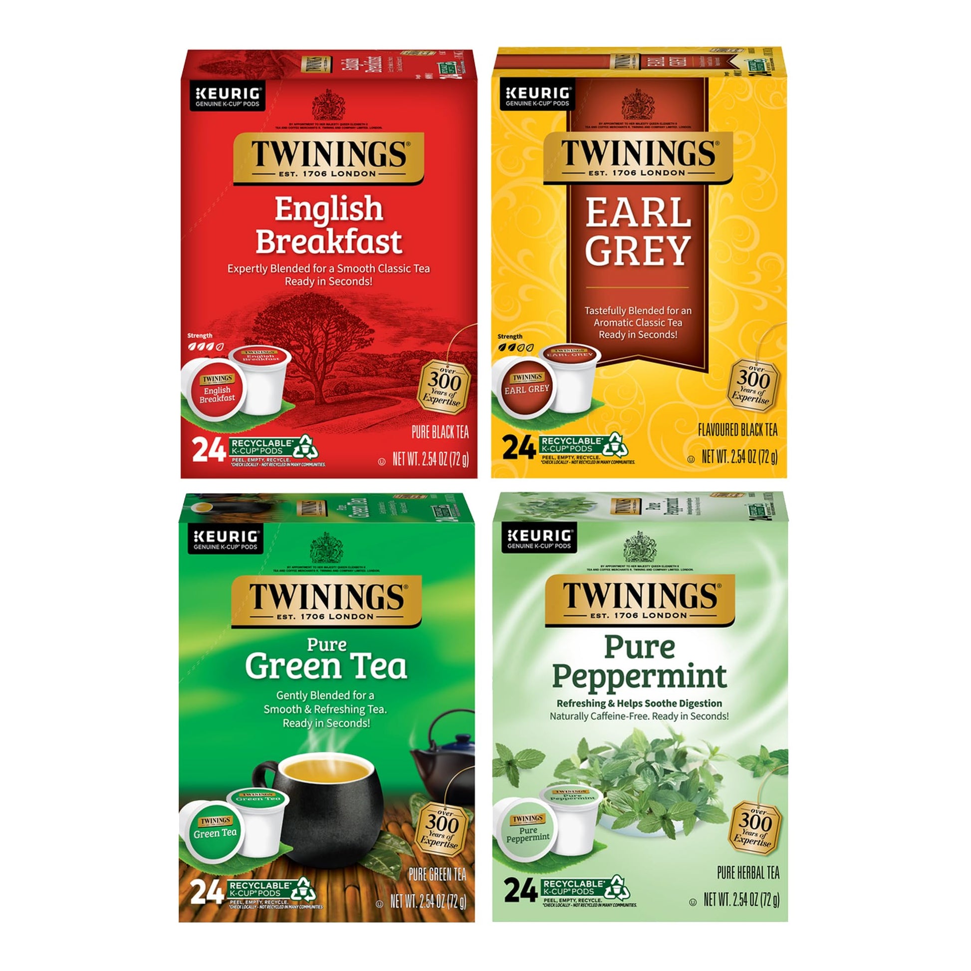 Twinings K-Cup Pods Sampler, English Breakfast, Earl Grey, Green, Pure Peppermint Tea, 24 Count (Pack of 4) for Keurig Brewers