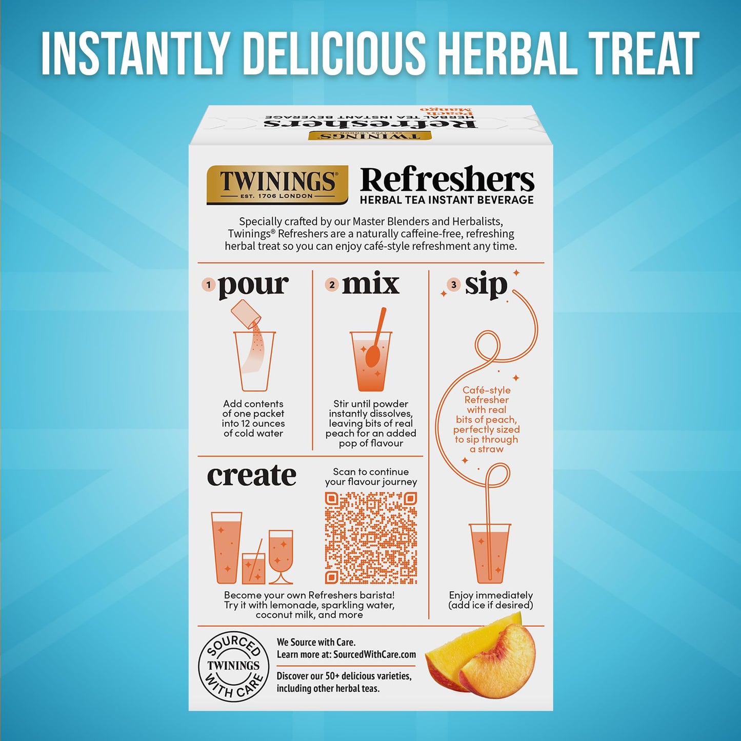 NEW Twinings Peach Mango Refreshers  Herbal Tea Instant Beverage with Real Peach Fruit Bits  5 Count (Pack of 6)  Caf? Style  No Artificial Sweeteners  Naturally Caffeine-Free Refreshment  30 Packets