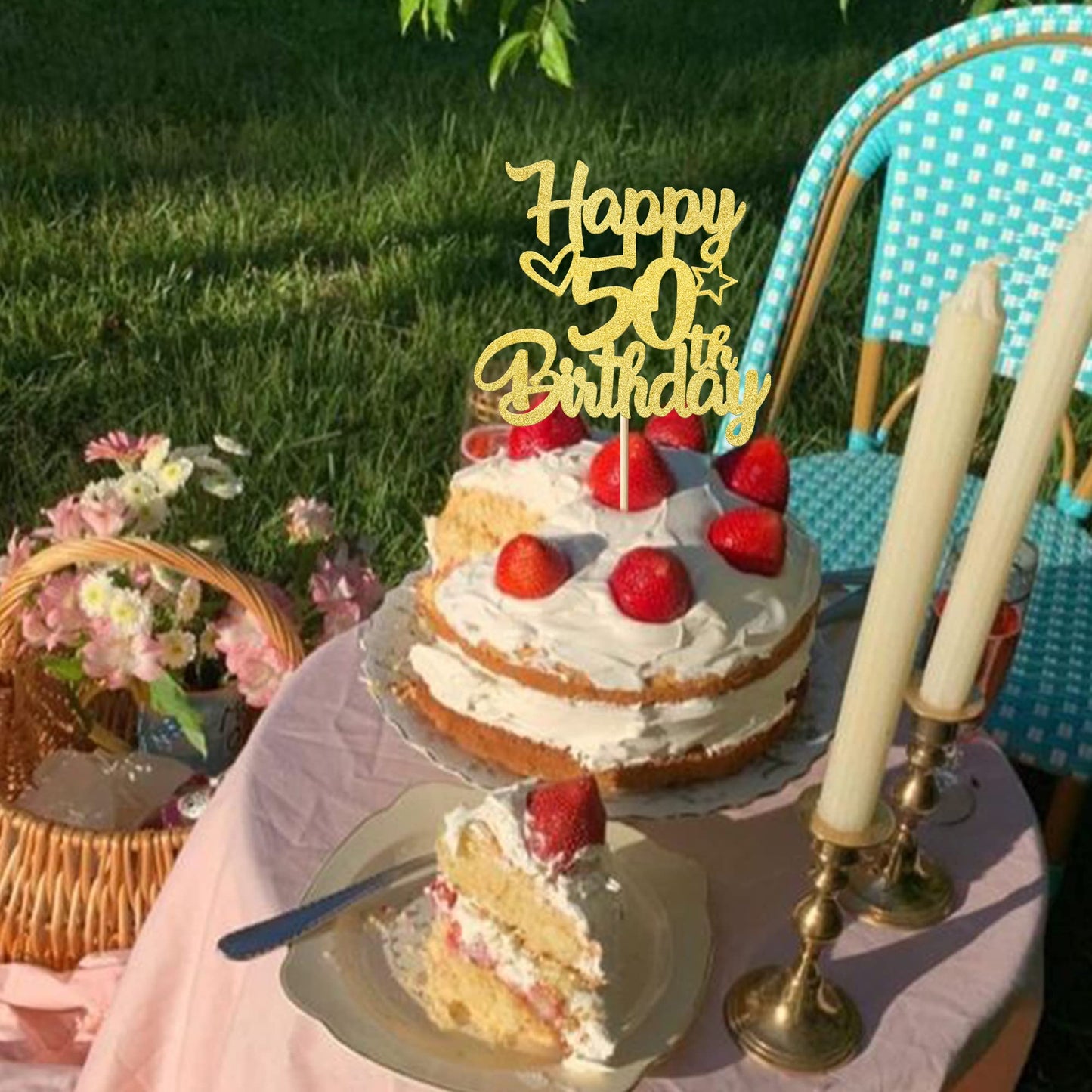 YCTHUNFISH Happy 50th Birthday Cake Topper, Glitter Heart & Star Design, Gold, Bamboo Material