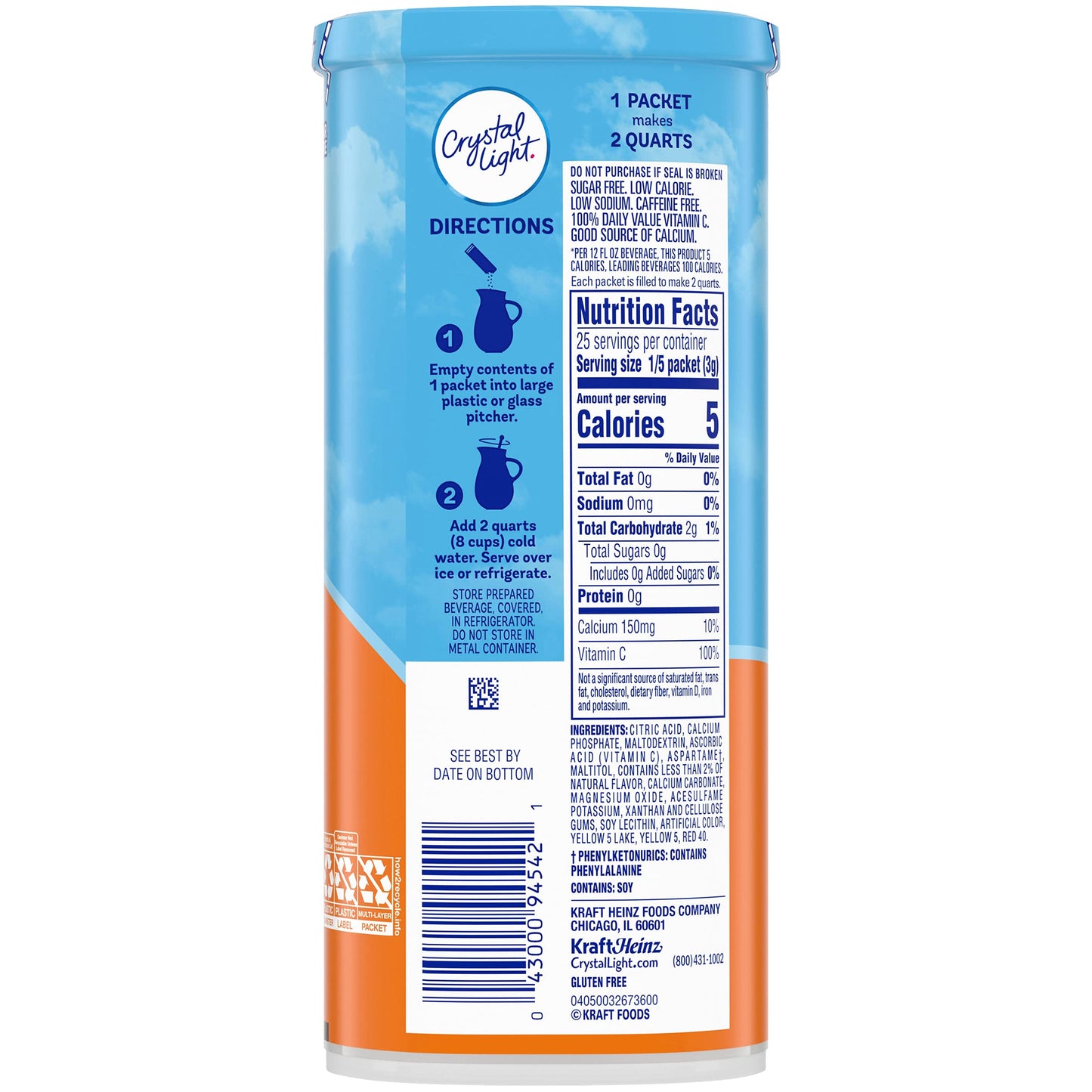 Crystal Light Classic Orange With Vitamin C & Calcium Drink Mix (20 Pitcher Packets, 4 Canisters Of 5)