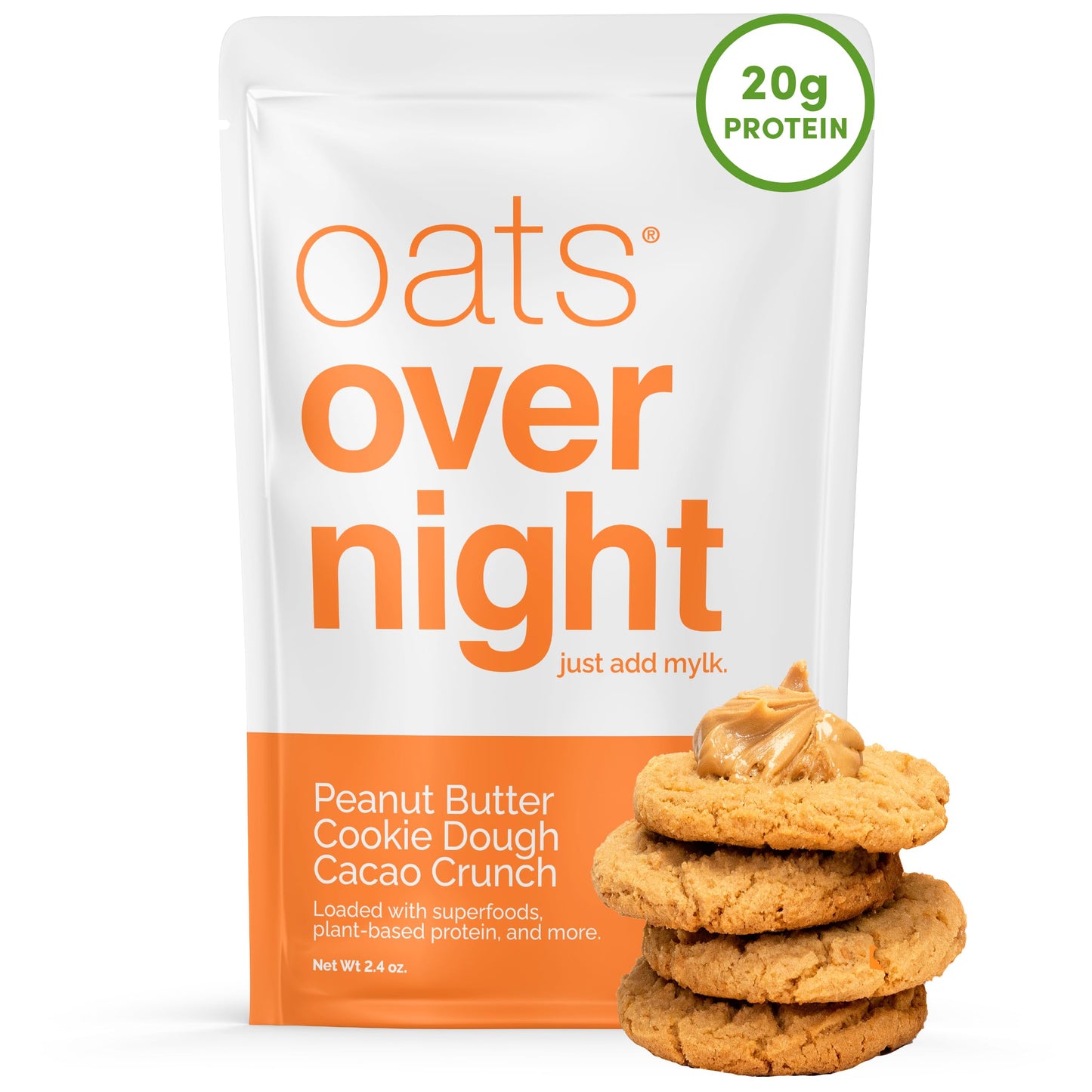 Oats Overnight Vegan Overnight Oats Protein Shake, Peanut Butter Cookie Dough Cacao Crunch, 20g Protein, 2.4 oz (Pack of 24)