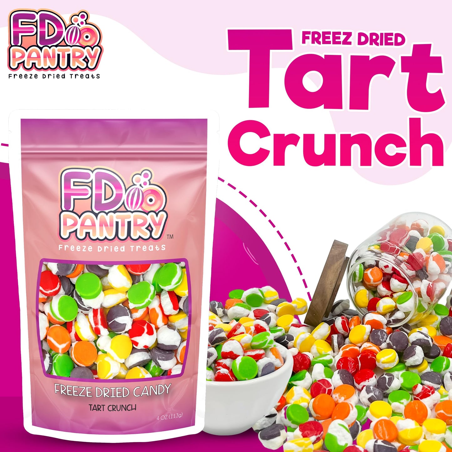 Freeze Dried Candy Tarts Crunch: Crunchy Sweetness, 4 oz Flavors: Cherry, Lemon, Lime, Orange, Grape. Tarts Resealable Bag Tangy