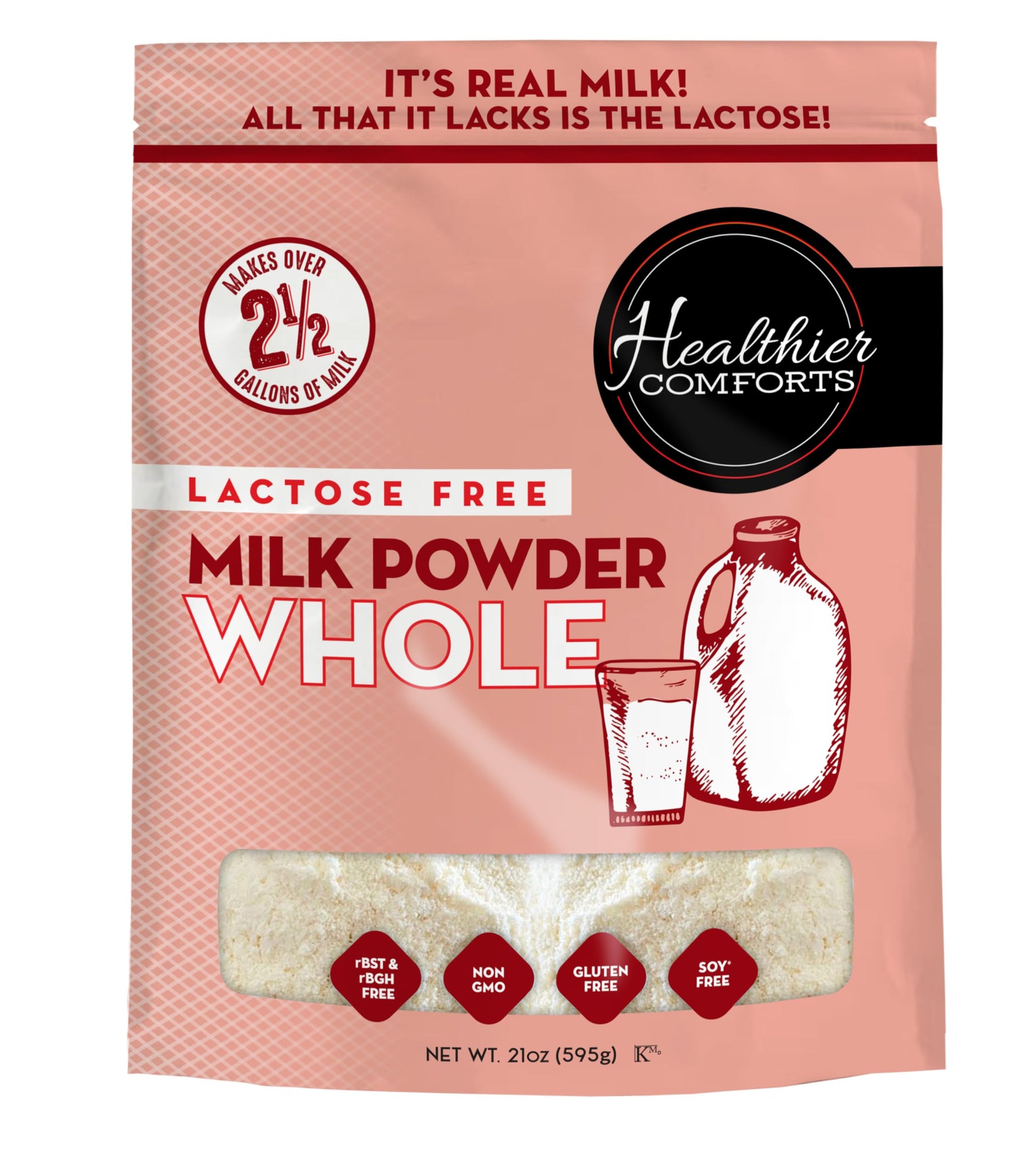 Healthier Comforts Lactose Free Whole Milk Powder, Non-GMO, Gluten Free, 21 oz