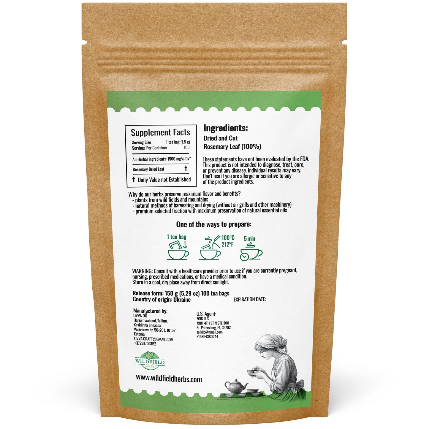 WILDFIELD HERBS Rosemary Tea - Herbal Tea Bags, 100 Count, 1.5g Each