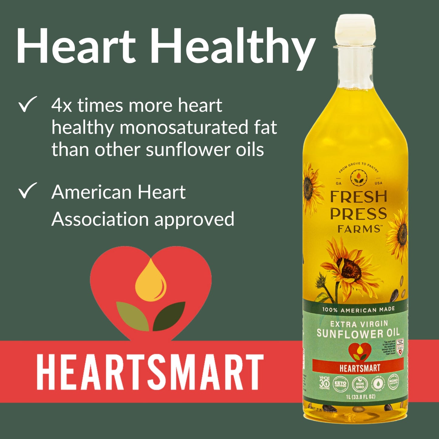 Fresh Press Farms Cold Pressed Extra Virgin Sunflower Oil, 33.8 Fl Oz, High Oleic, Non-GMO, Keto, Paleo, Gluten Free, 100% American Made