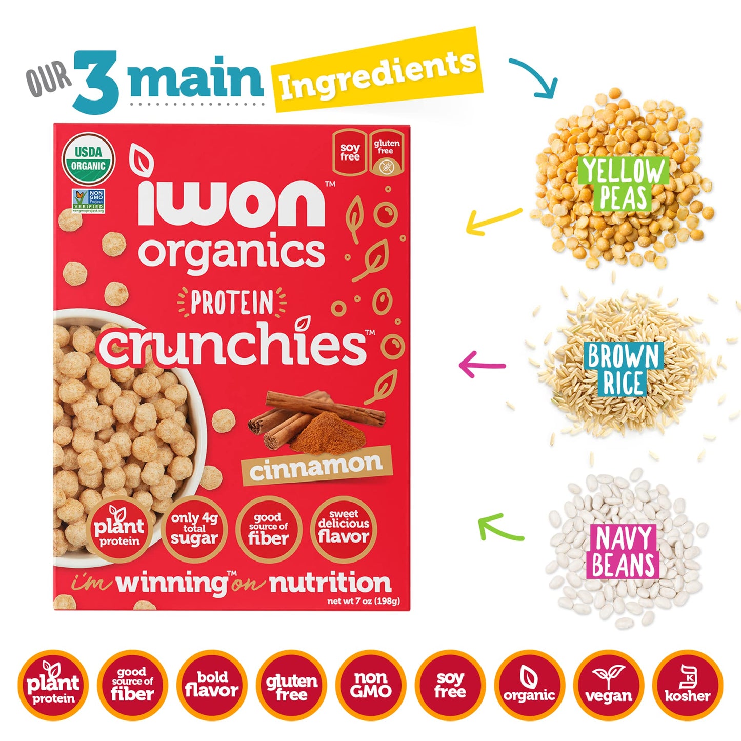 Iwon Organics Protein Crunchies - Plant-Based Protein Low Sugar Gluten & Dairy Free Non-Gmo Organic Breakfast Cereal - Cinnamon