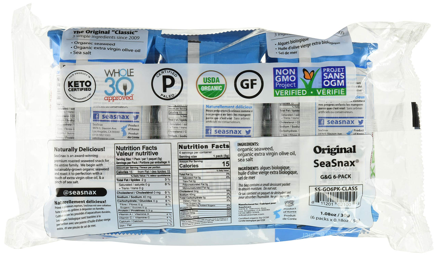 Seasnax Organic Olive Oil Seaweed Snack, 0.18 Oz (Pack Of 6)