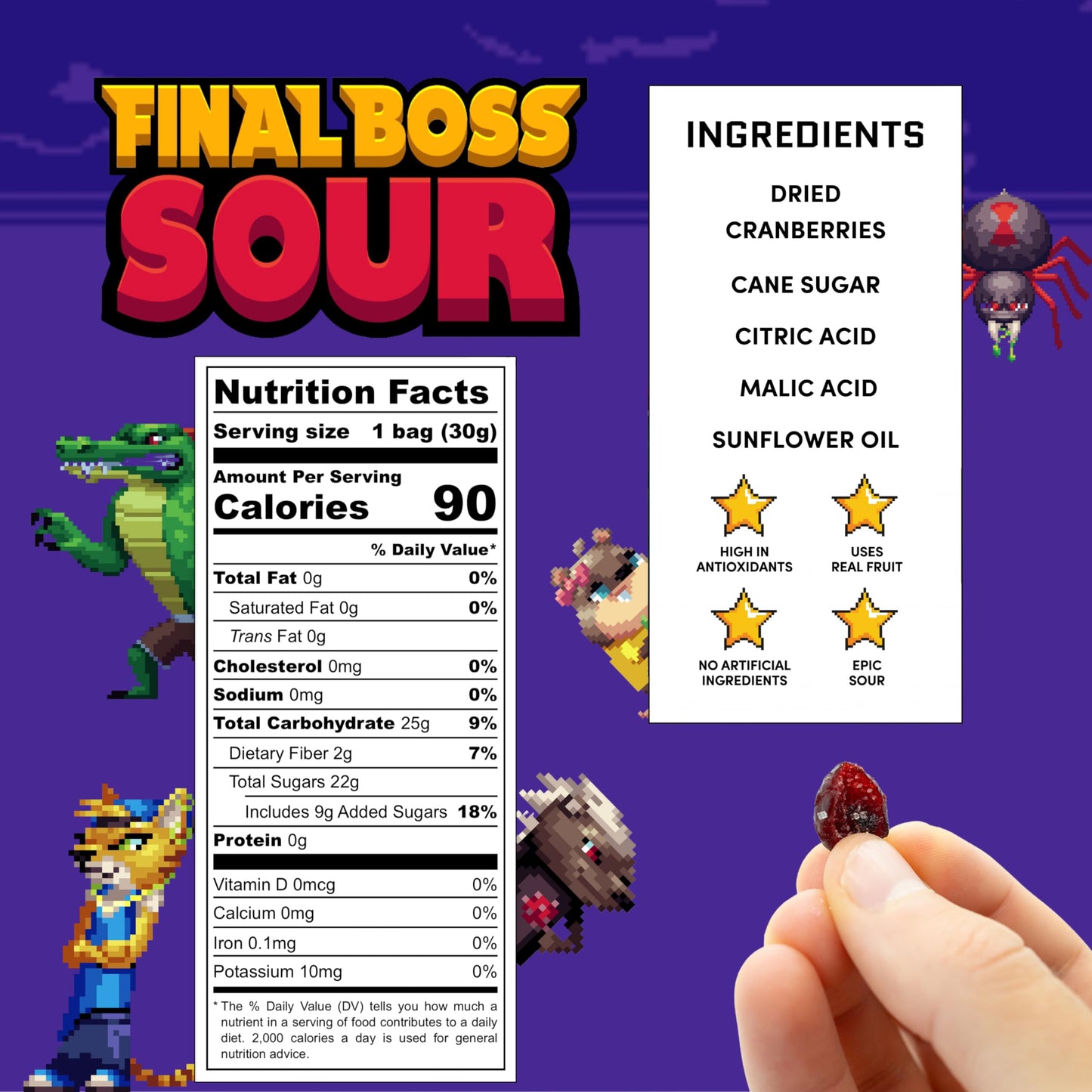 FINAL BOSS Sour Gummy Candy, Cranberry, Extremely Super Sour, 10 Bags, 1.06 oz Each, Low Calorie Snack