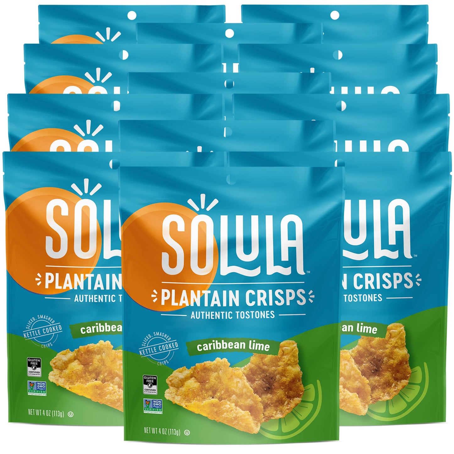 Solula Plantain Crisps Authentic Tostones, Caribbean Lime, 4 Ounce (Pack of 12), Kettle Cooked Chips, Gluten Free, Paleo Friendl