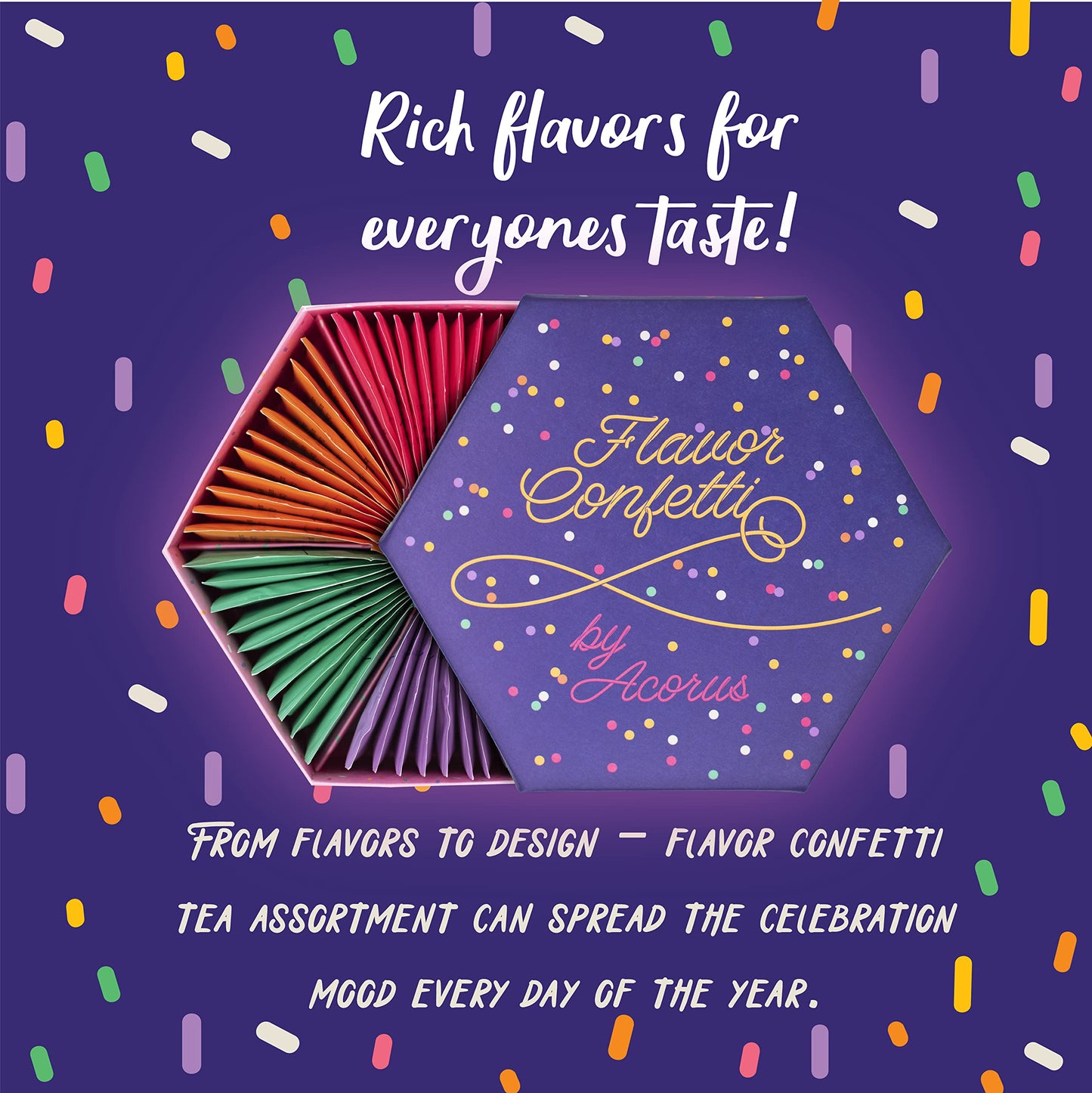 ACORUS | Flavor Confetti Tea Assortment | Natural Fruit and Herbal Tea Gift Set | Celebrate with 6 Different Flavors | Large Sel