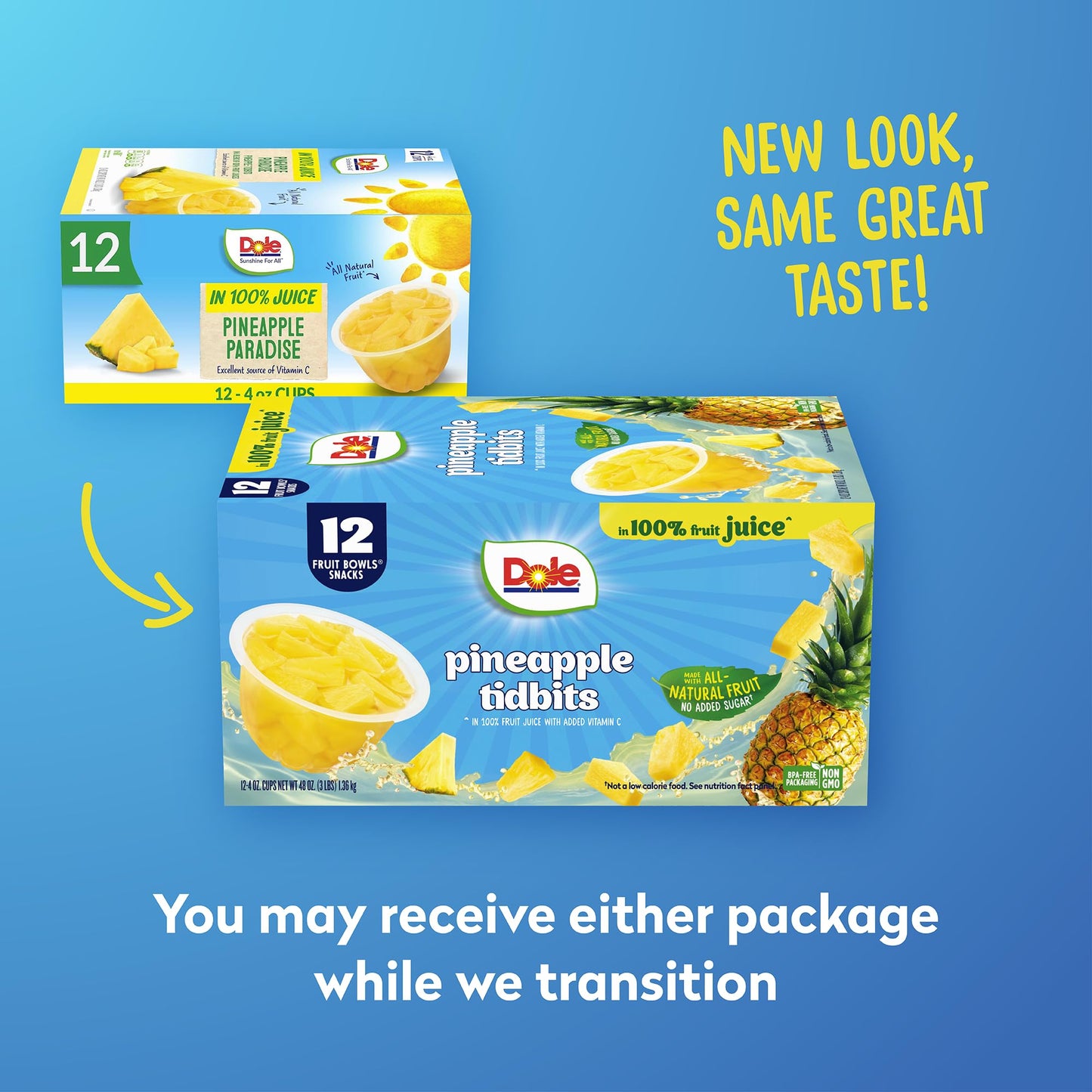 Dole Pineapple Tidbits In 100% Juice^ - Dole Fruit Bowls Snacks - 4 Oz Fruit Bowls - 12 Pack