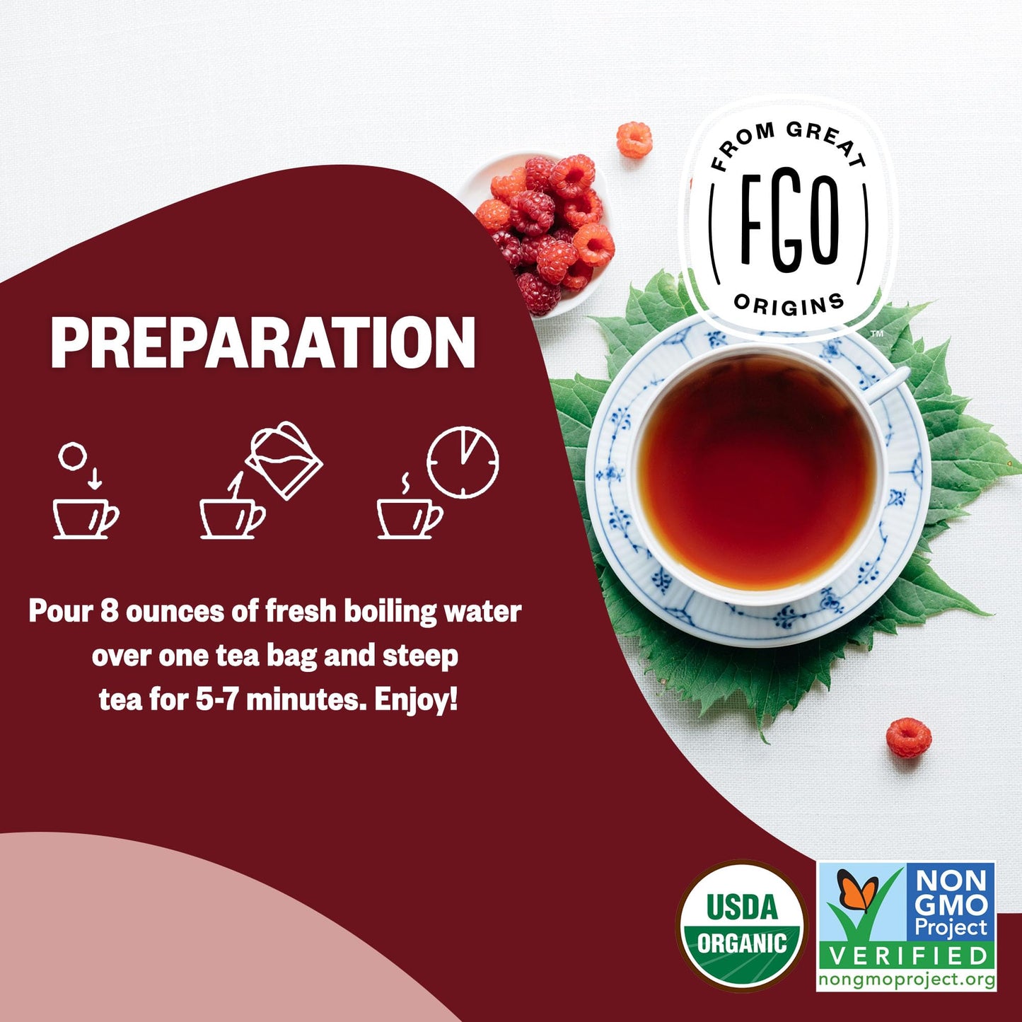 FGO Organic Red Raspberry Leaf Herbal Tea Bags, Caffeine Free, 40 Count, Eco-Conscious Packaging