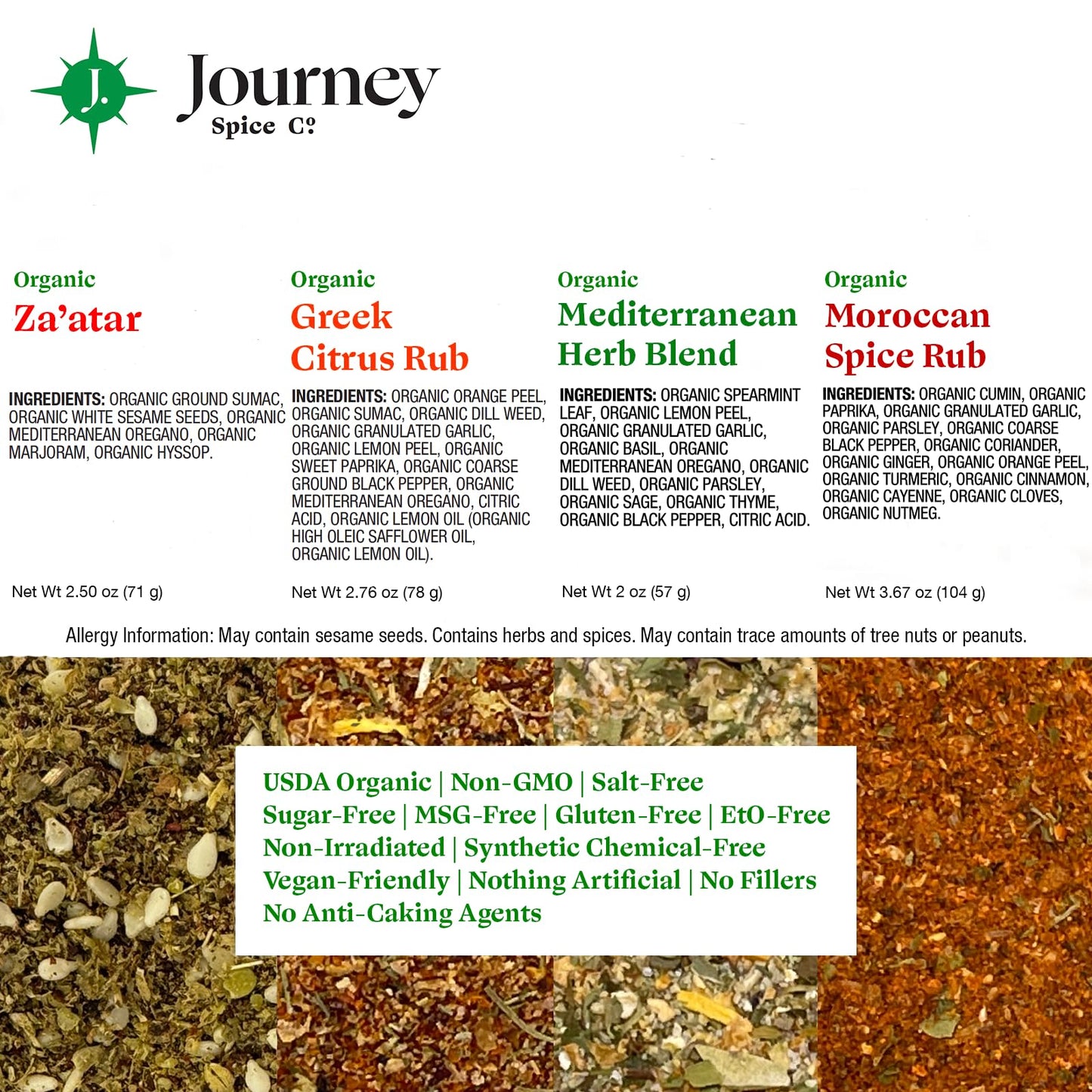 Organic Gourmet Mediterranean Spice And Seasoning Gift Set By Journey Spice Co. | Salt-Free | Greek Seasoning | Meat & Vegetable