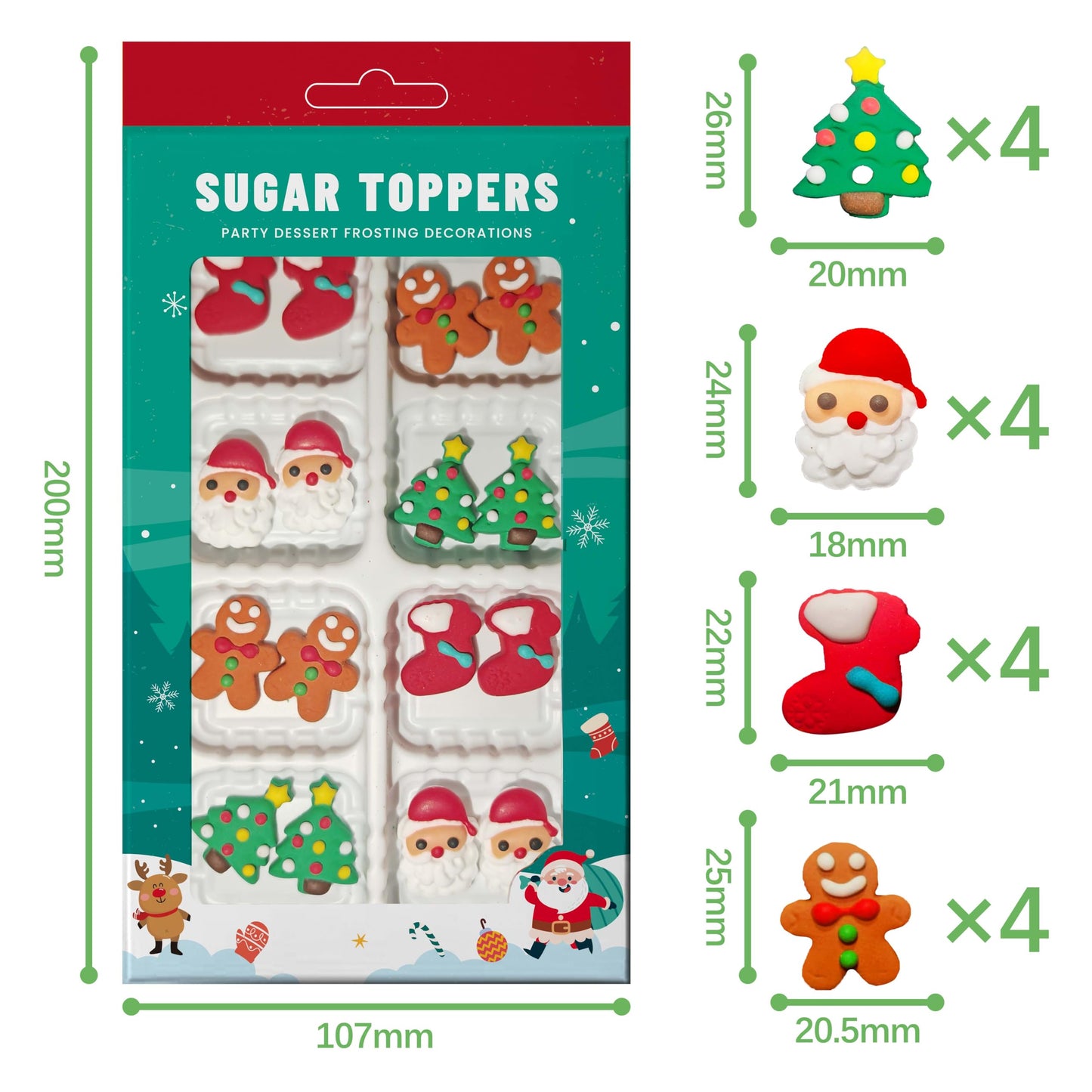 Christmas Sprinkles for Baking 16Pcs - 4 Designs Santa  Gingerbread Man  Holiday Stocking  Christmas Tree - Edible Decorations for Cookies  Cakes  Cupcakes  Holiday Desserts