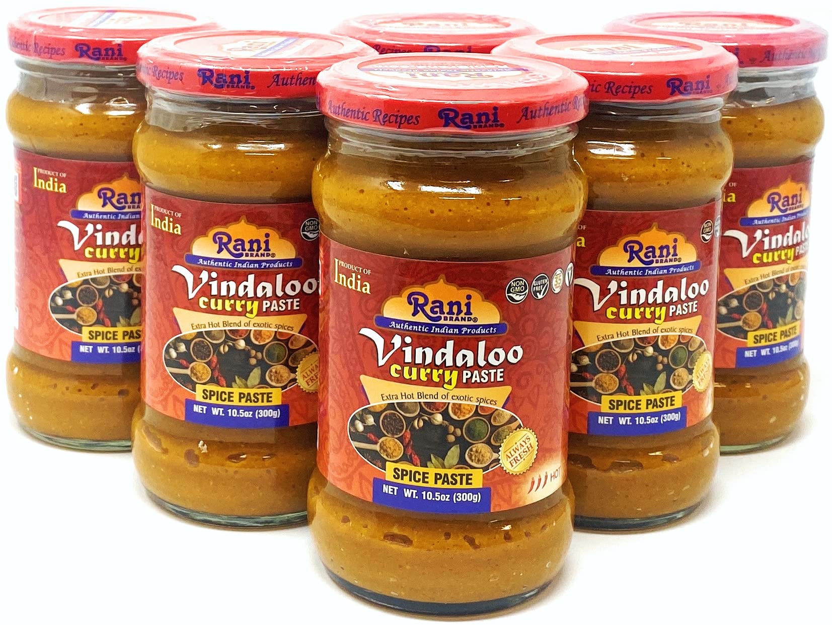 Rani Vindaloo Curry Cooking Spice Paste, Hot! 10.5oz (300g) Glass Jar, Pack of 5+1 FREE ~ No Colors | All Natural | NON-GMO | Ve
