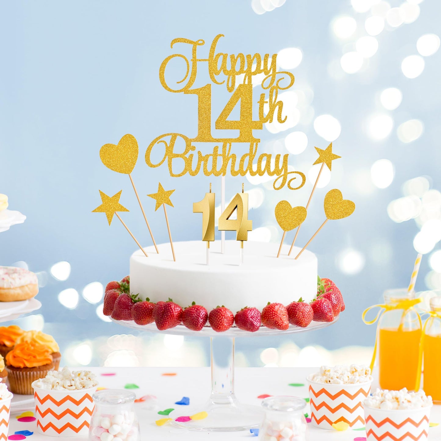 Lecferrarc 14th Birthday Cake Decorations Set, Gold Glitter Toppers & Candles, 7 inches, Paper